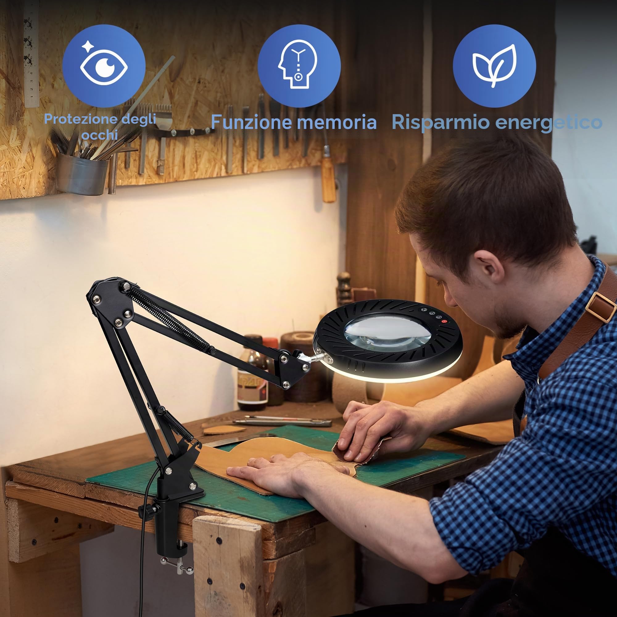 RealPlus 10X Lente Ingrandimento con Luce [Con Base e Clip], Lampada con Lente di Ingrandimento, Braccio Telescopico, 5 Colore, 10 Luminosità, Ideale per Lavori di Precisione, Riparazione, Lettura