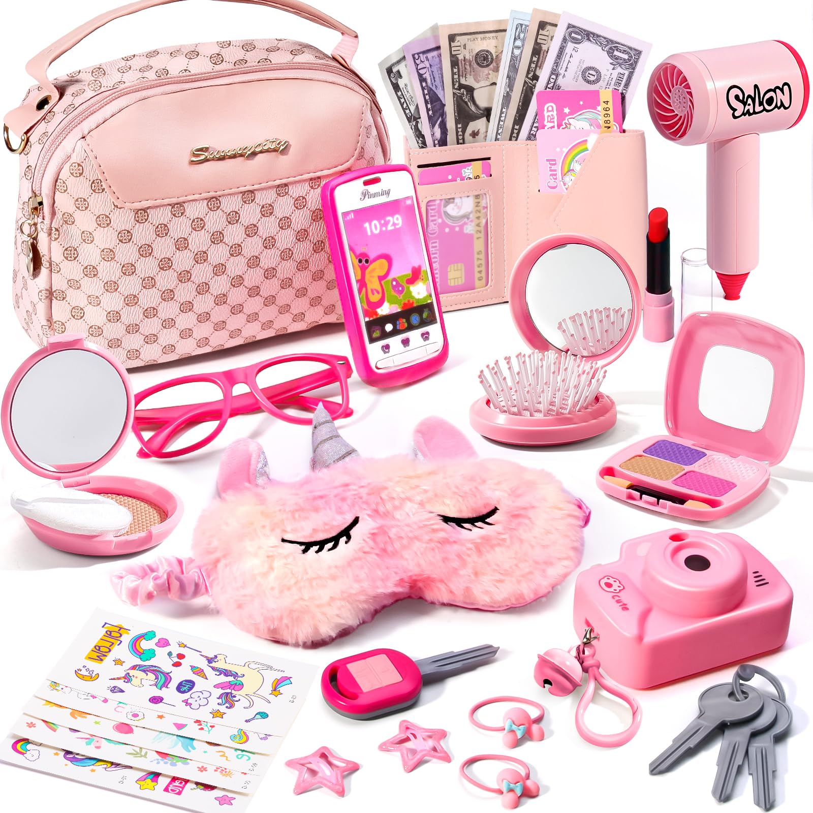 Monedero para niñas pequeñas con accesorios, bolso con maquillaje de simulación para niñas, incluye tatuajes de unicornio, máscara de dormir para niños, secador de pelo, juguetes de juego de princesa