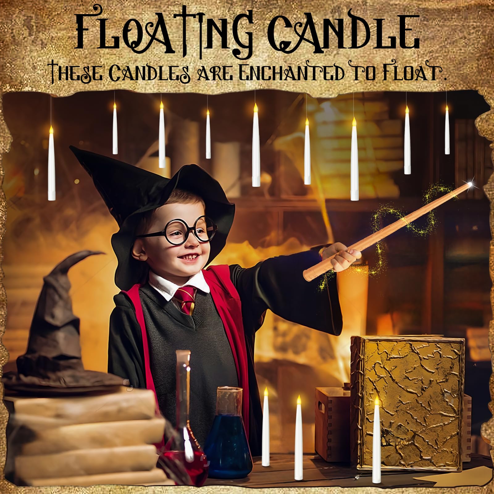 Tyreses Candele LED Decorazione Natale, 12 Floating Candles Led con Telecomando a Bacchetta Magica, Luce Calda Lampeggiante fiamma Candela Fluttuanti Elettriche Conica per Casa Chiesa Festa Halloween