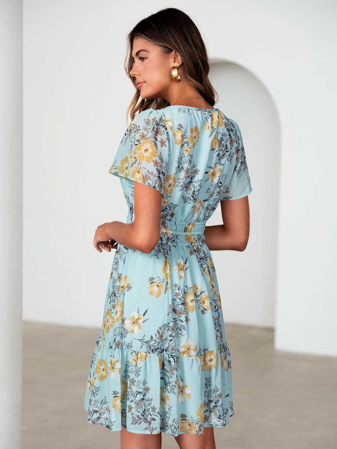 Simplee Women 2026 Floral Summer Short Dress Short Sleeves V Neck Chiffon A-Line Casual Flowy Boho Mini Dresses - Image 3