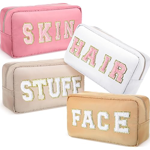 Remerry 4 Pcs Nylon Cosmetic Bag Travel Organizer Chenille Letter Makeup Pouch Zipper Preppy Waterproof Hair Bag Toiletry Pouch for Women Girls(Light Brown, Beige, Light Pink, White)