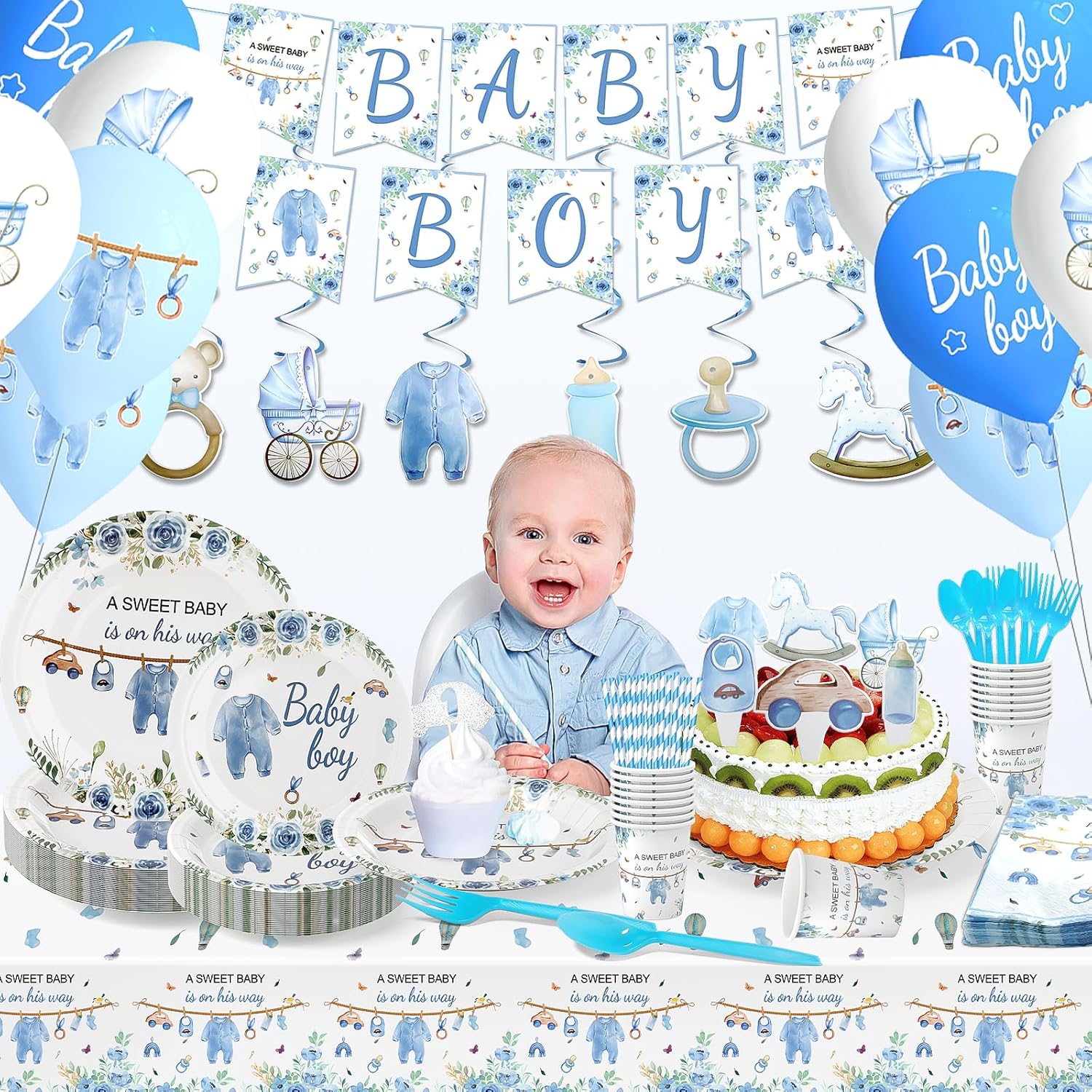 350 Pcs Baby Shower Party Plates and Cups and Napkins Sets, Baby Shower Decorations Boy, 50-Pack Blue & Greenery Design for Boys, 7-Piece Essentials Bundle DisposableTableware Set - Image 6