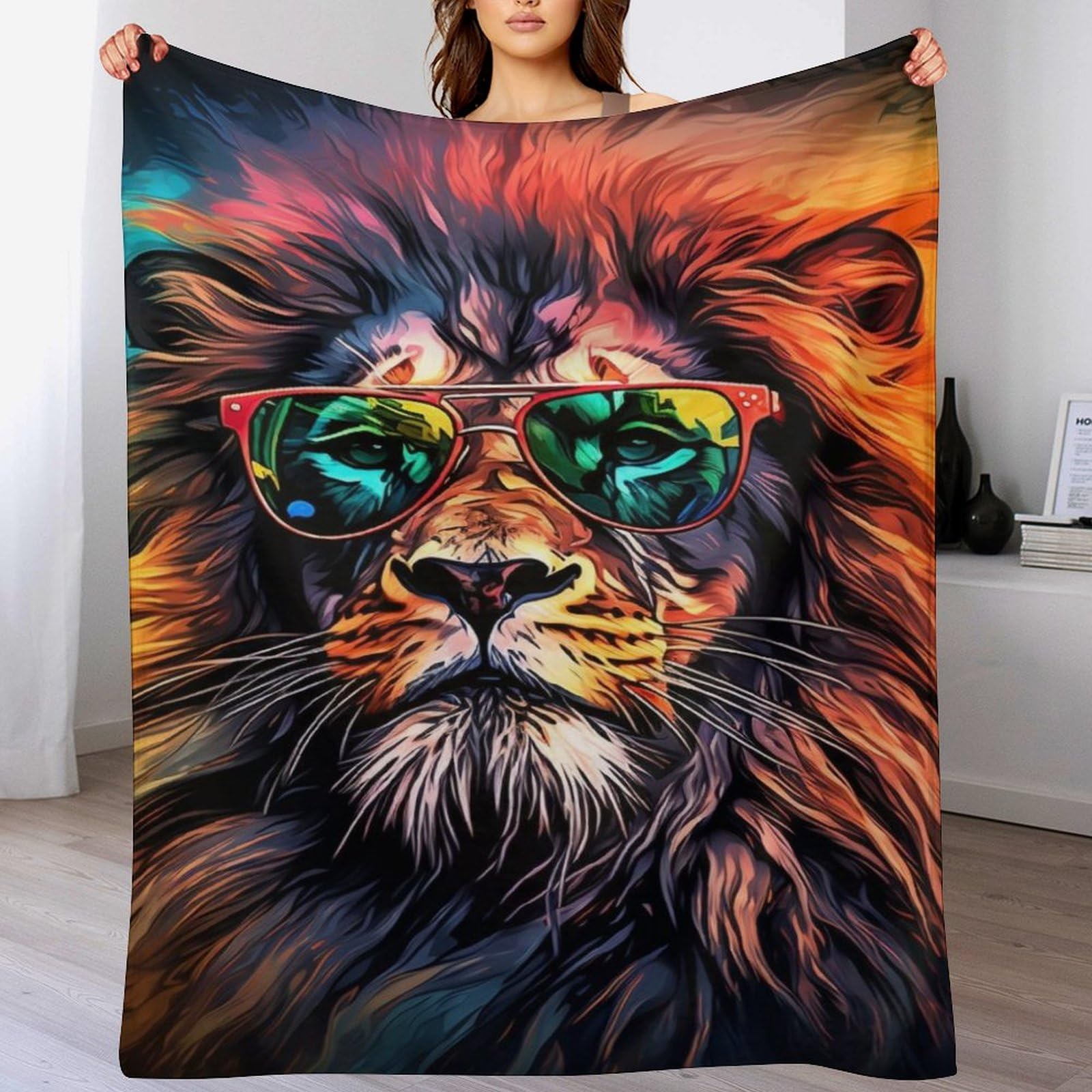 Couverture polaire lion 140x180cm en flanelle douce pour lit et canapé