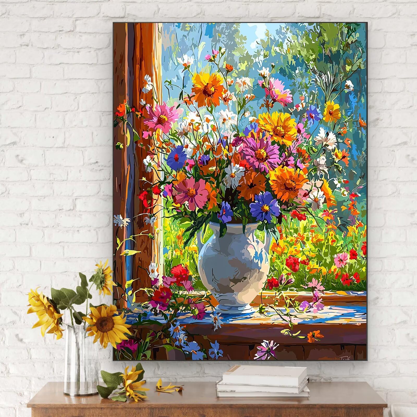 Malowanie po numerach kwiat, 90x120 cm Malowanie po numerach Okno dla dorosłych, Bezramowe, Zestaw do malowania olejnego na płótnie z 3 pędzlami, Pigment akrylowy, Paint by Numbers Dekoracja ścienna