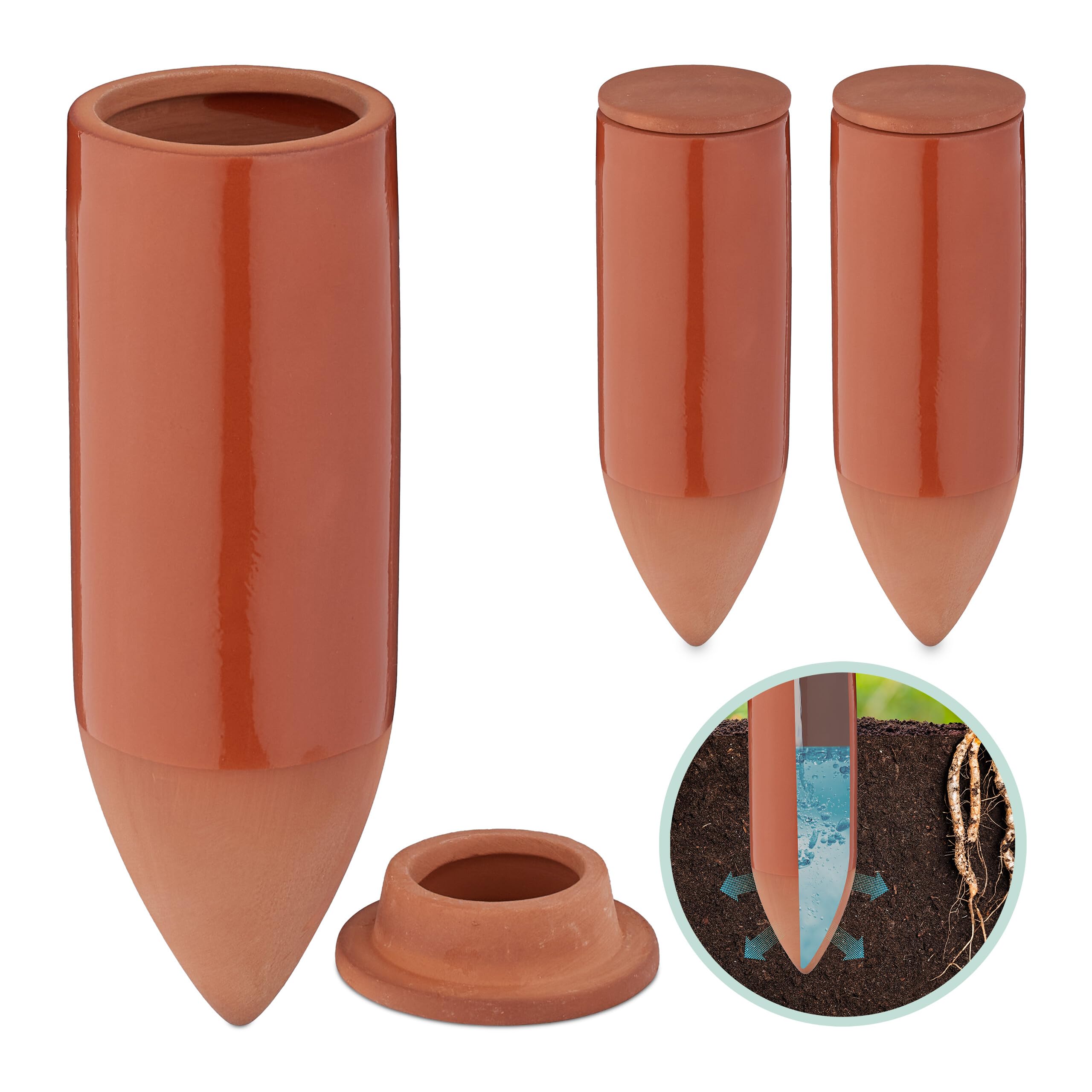 Relaxdays Clay Watering Spikes, Set of 3, 330ml, Irrigation Stakes for Houseplants & Balcony Pots, with Lid, Terracotta, Ceramics, 330 ml