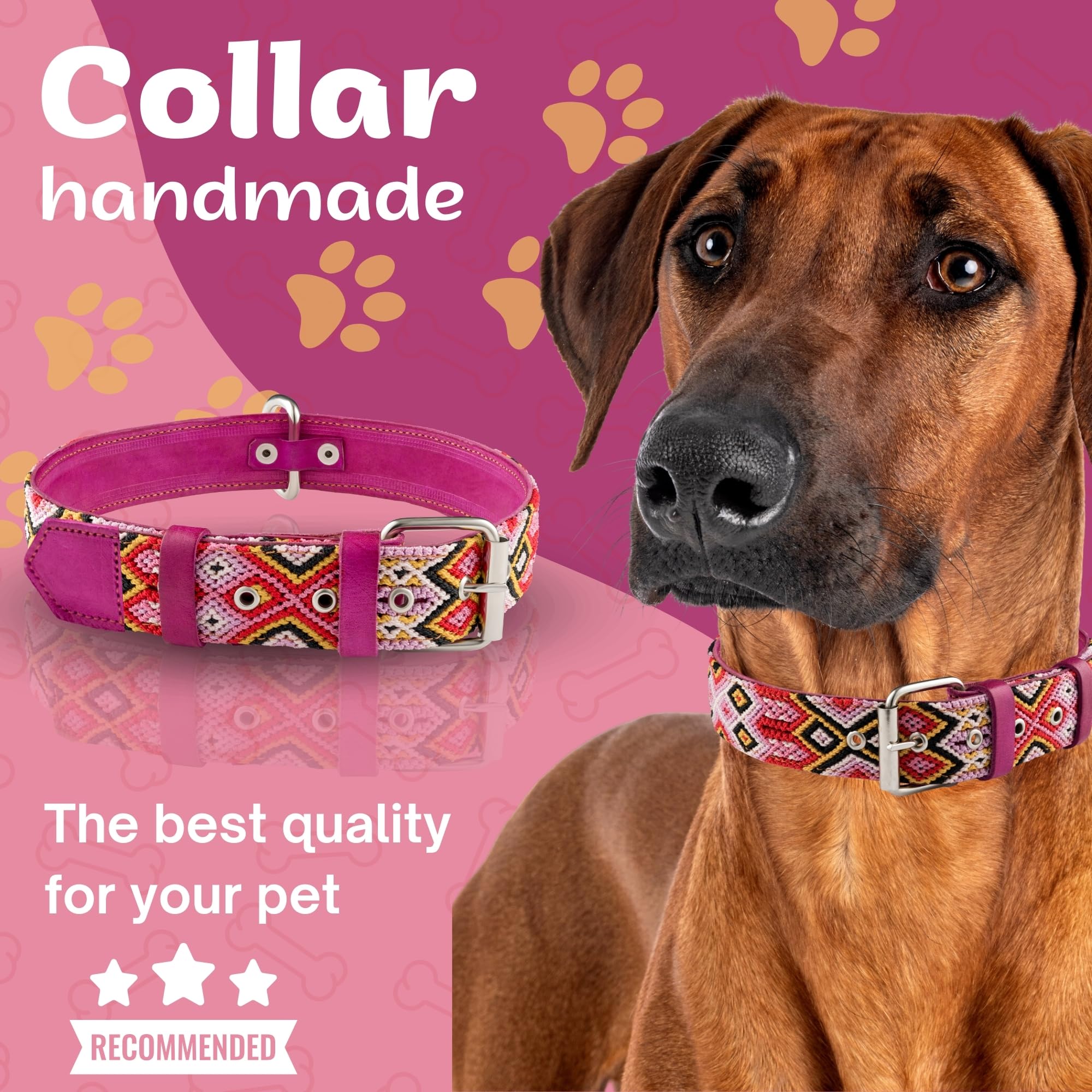 Leather Dog Collar - Western Dog Collar, Embroidered Design, Handmade, Boy Girl, Blue Pink, Extra Small Medium Large Dogs, Cute Dog Collar, Collar para Perros (Rose Blush, Extra Small)