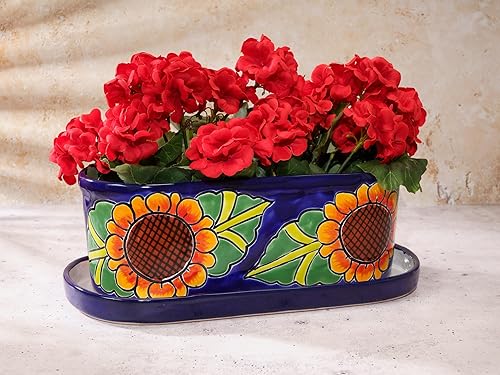Miniatura 10 de Enchanted Talavera Maceta ovalada de cerámica para suculentas, caja con ventana, cerámica mexicana hecha a mano con platillo de goteo (grande, 15 x