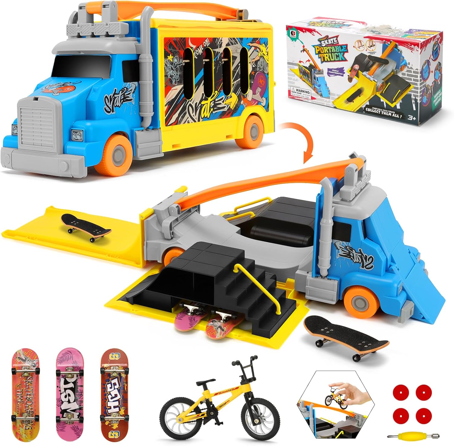 KETIEE Finger Skateboard Park Set: 2-in-1 Transforming Truck Toy for Kids, Foldable Fingerboard Ramp with 3 Skateboards,1 Mini Bicycle & Storage, Tech Skatepark Deck Toy Gifts for Boys Girls Ages 3+
