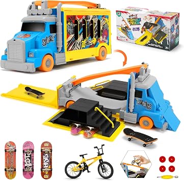 Finger Skateboard Park Set 2-in-1 Transforming & Foldable Mini Skatepark Truck with Obstacle Ramps,3 Skateboards, Bicycle & StorageCompatible with Tech Deck Fingerboards, Gift for Boys Girls Ages 6+