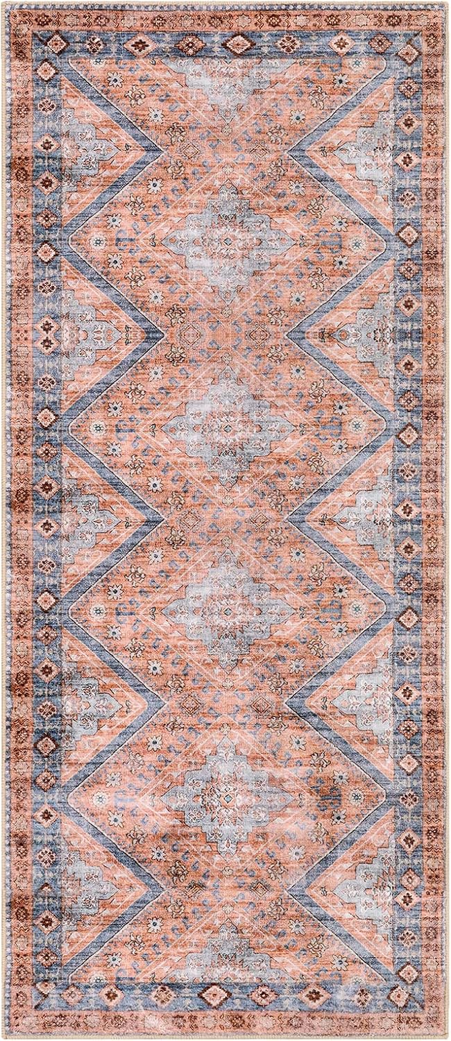 Lahome Vintage Washable Runner Rug - 2x6 Rug Runners for Hallways 6 Feet Geometric Non-Slip Kitchen Runner Rug Ultra-Thin Bathroom Runner Rugs for Entryway Laundry Bedroom (2x6ft,Orange)