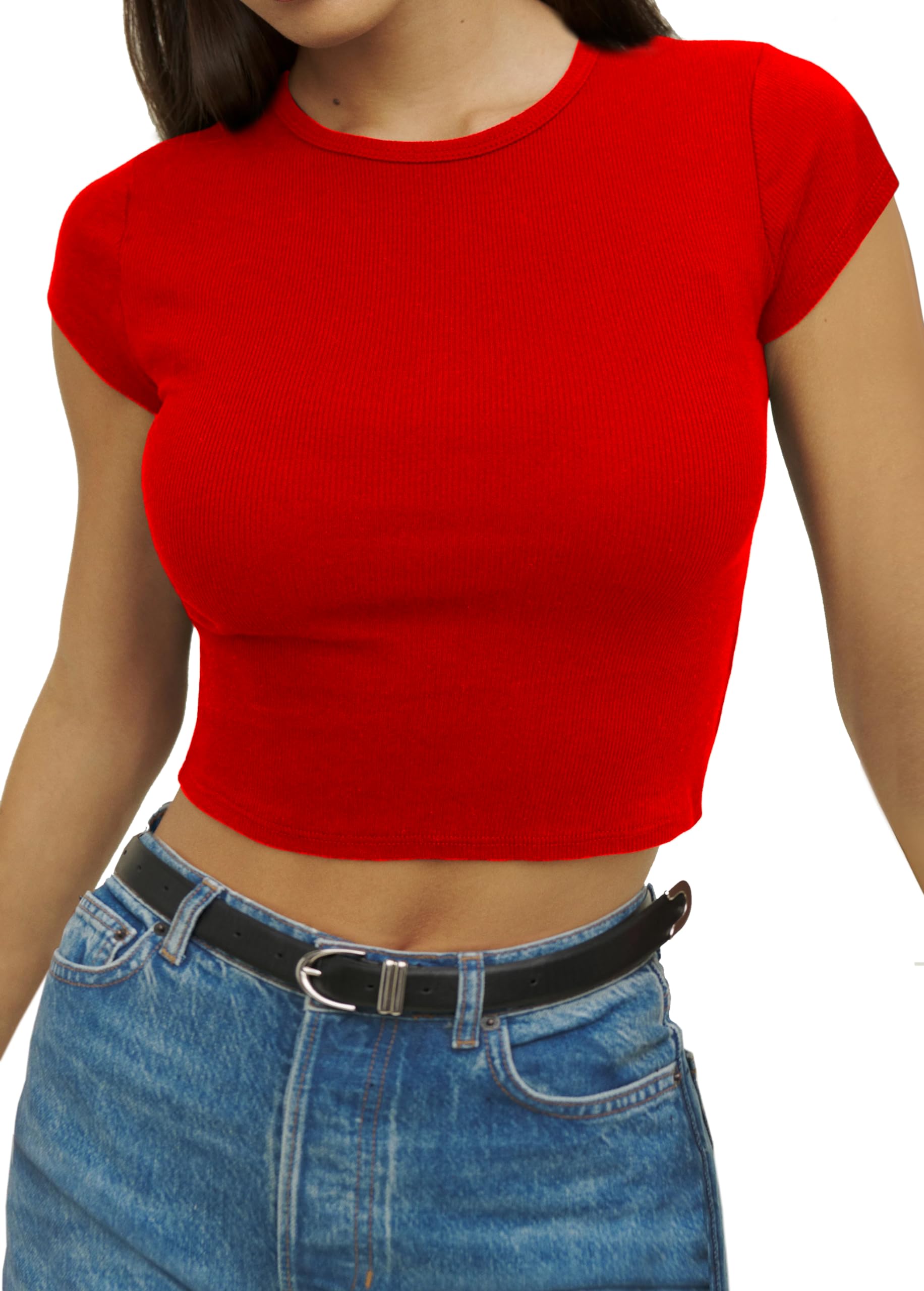 iGENJUN Women's Summer Short Sleeve High Neck Casual Ribbed Basic Tank Crop Tops X-Small Red