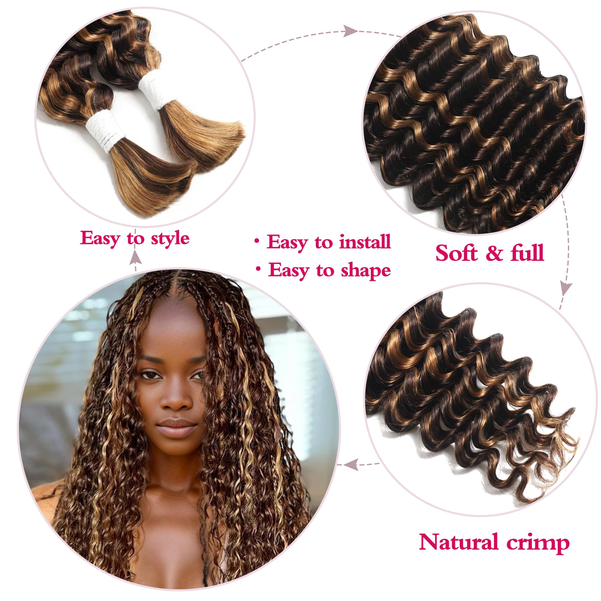 VRbeatter Deep Wave Bulk Human Hair for Braiding 10A Brazilian Curly Human Hair 100% Human Hair 2 Bundles No Weft micro Human Braiding Hair for Boho Braids Virgin Hair Extension(P4-30# - Image 3