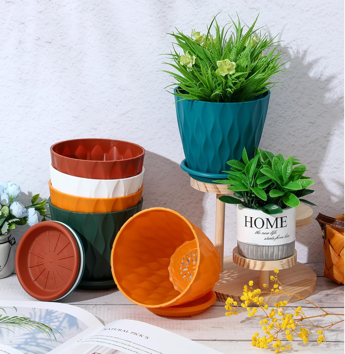 Suclain 10 Pack 6 Inch Plant Pots with Drainage Hole and Tray Saucer Plastic Flower Pots for Indoor Plants for Your Room, Office, Garden Decor(Wave)