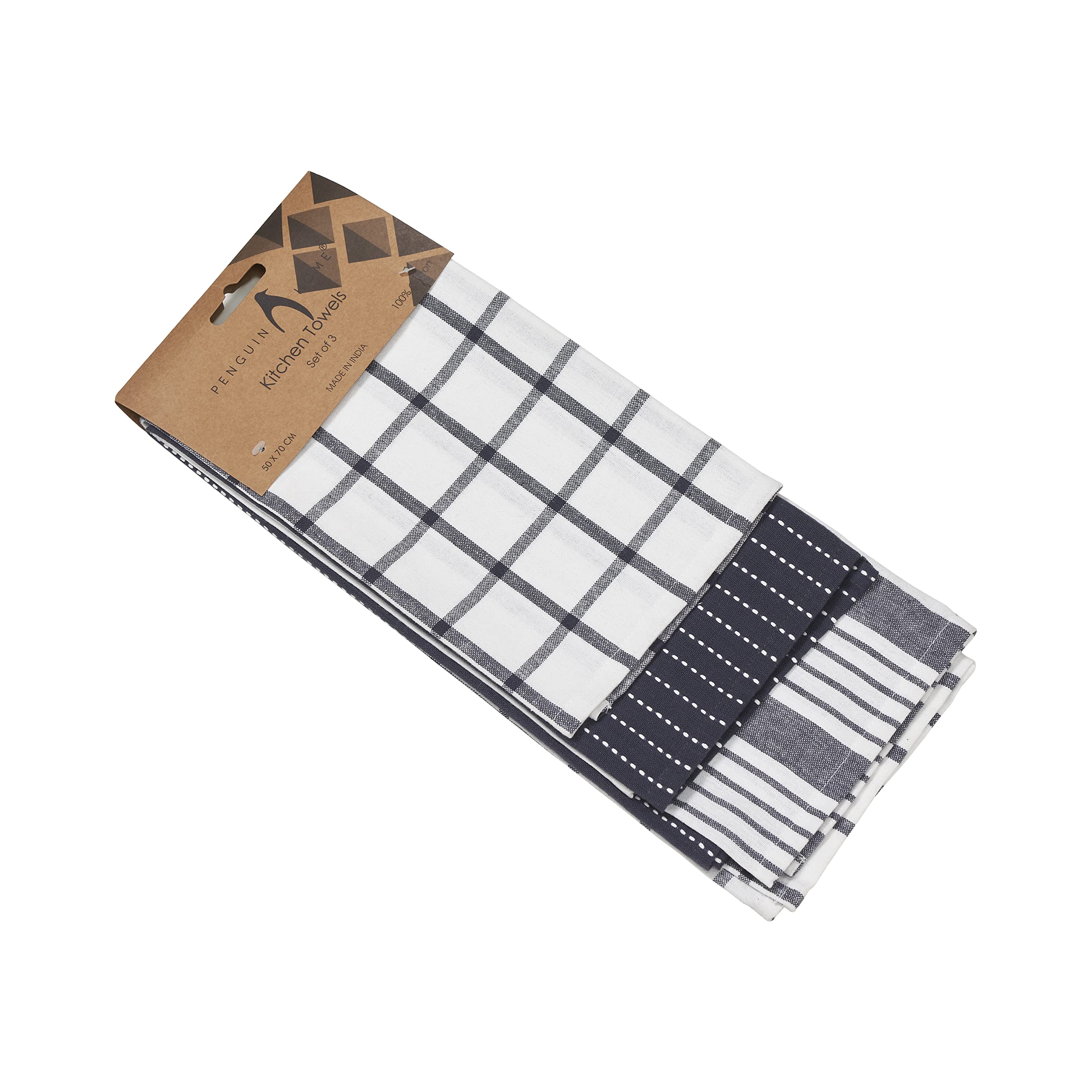Penguin Home Zestaw 3 ręczników kuchennych w 100% z bawełny, przyjazne dla środowiska, zrównoważone ręczniki do herbaty, stylowe z różnymi wzorami, rozmiar - 50 x 70 cm kolor - białe i węgiel drzewny
