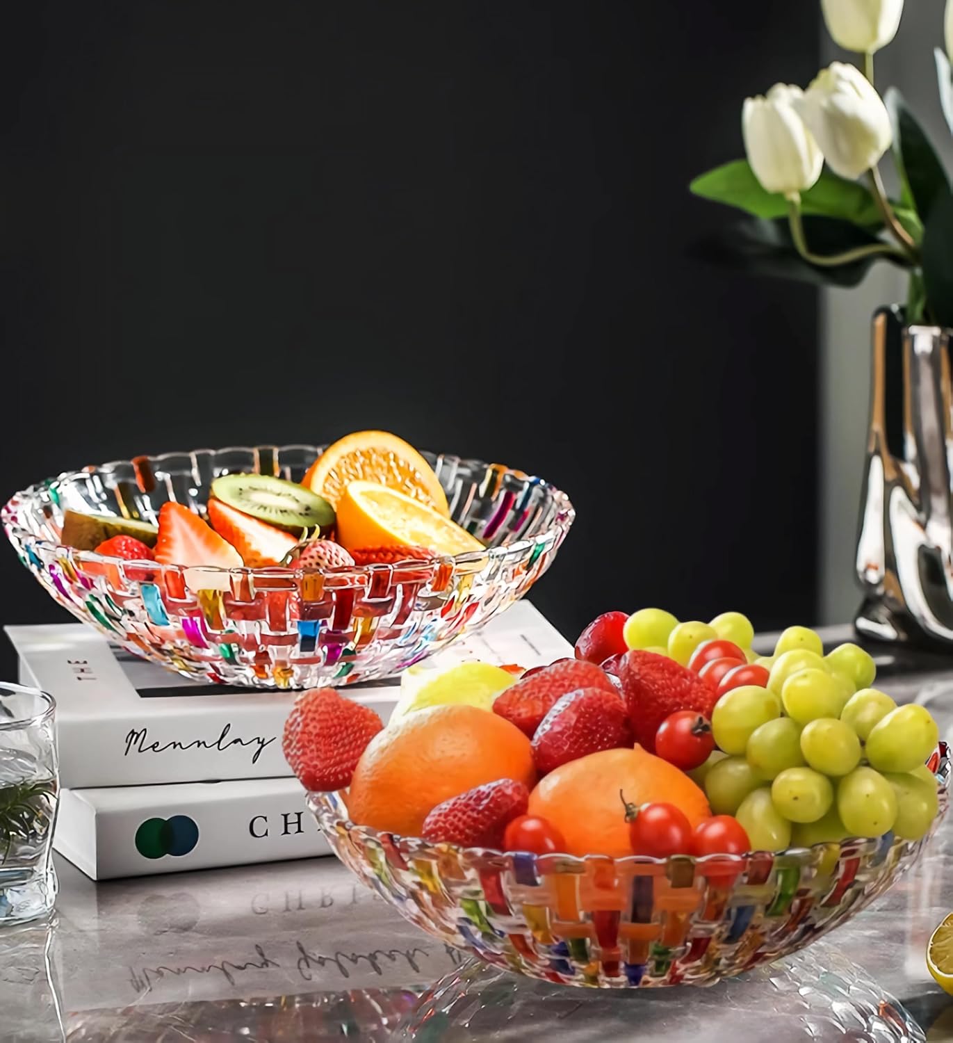 10" Colorful Crystal Glass Fruit Candy Dessert Snack Salad Bowl, Hand Painted Woven Art Decorative Bowl for Home,Office,Wedding Centerpiece Decor, Party, Server