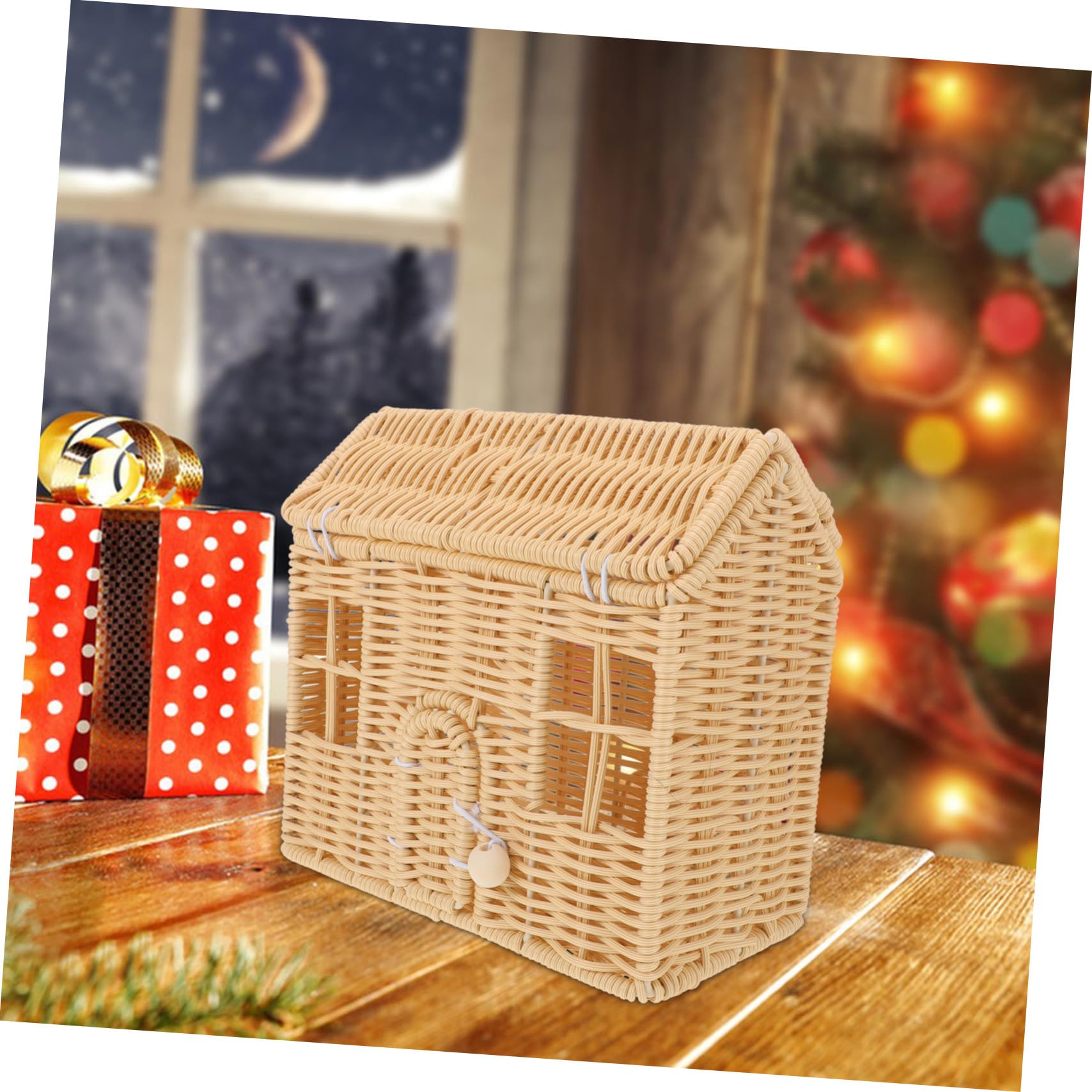 TOYANDONA Cesta de Dulces Navideña Tejida Mano con Asa Hecha de Ratán Sintético con Forma de Casa para Dulces y Chocolates para Recuerdos de Fiesta