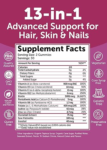 Miniatura 5 de Lunakai USA Made Super Hair Gummies con biotina, zinc, extracto de cola de caballo y palma enana americana  Vitaminas para el crecimiento del