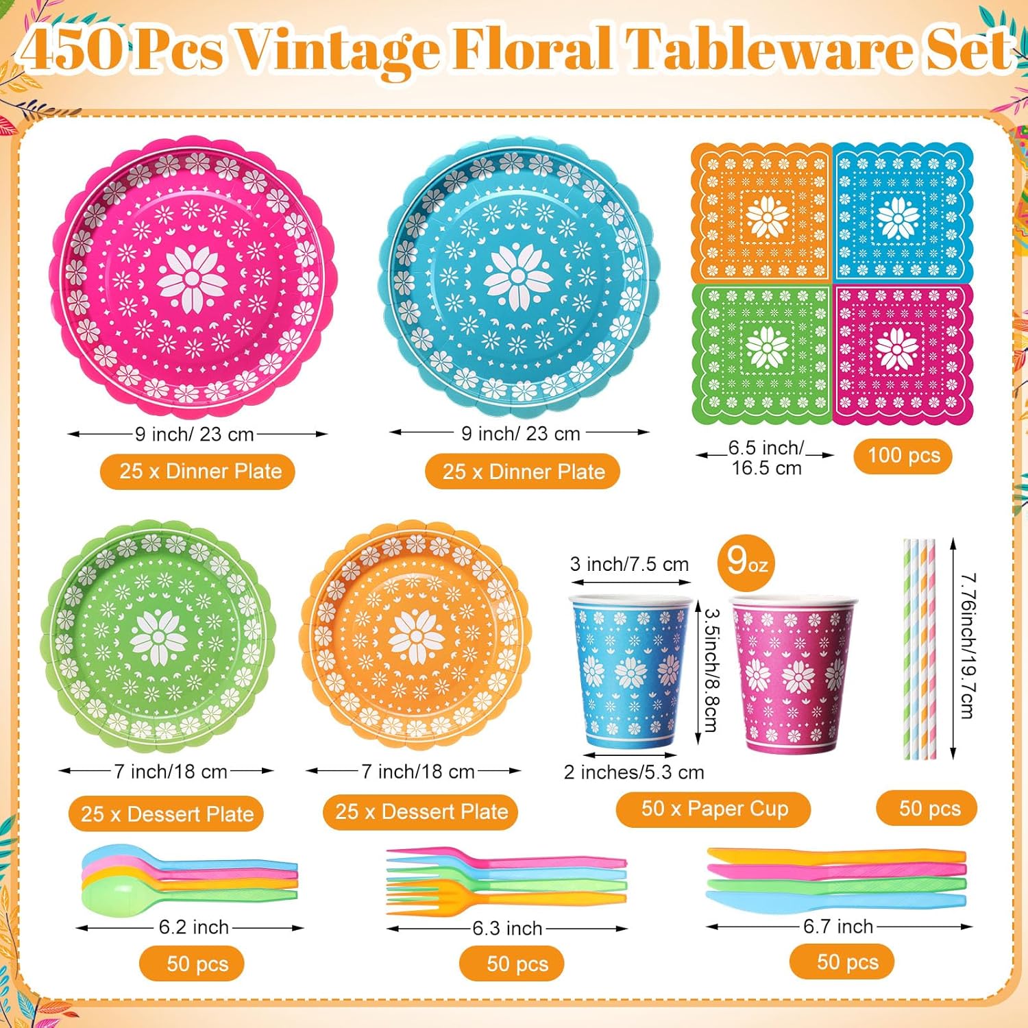 450 Pcs Fiesta Tableware Set Decorations Mexican Party Paper Plates Colorful Papel Picado Disposable Napkins Cups Cutlery Straws for Cinco De Mayo Taco Carnival Birthday Supplies, Serves 50
