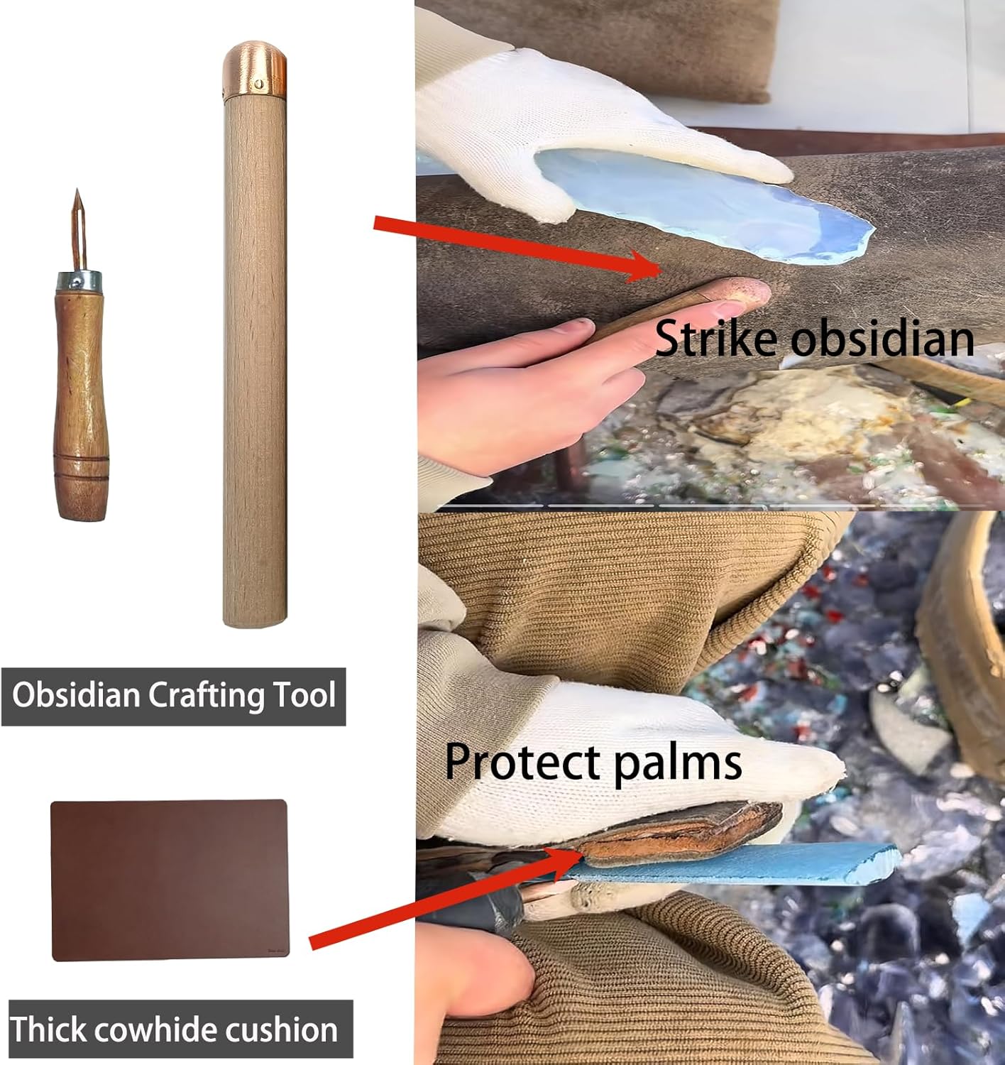 Obsidian Crafting Flint Knapping Tools,Dragon Crystal Stone Age Tool,Crafting Obsidian Stone Crystal,1 Small Pressure Flaker,1 Copper Boppers,1 Tool Bag,Small Leather Pad Tools(Small two piece set)