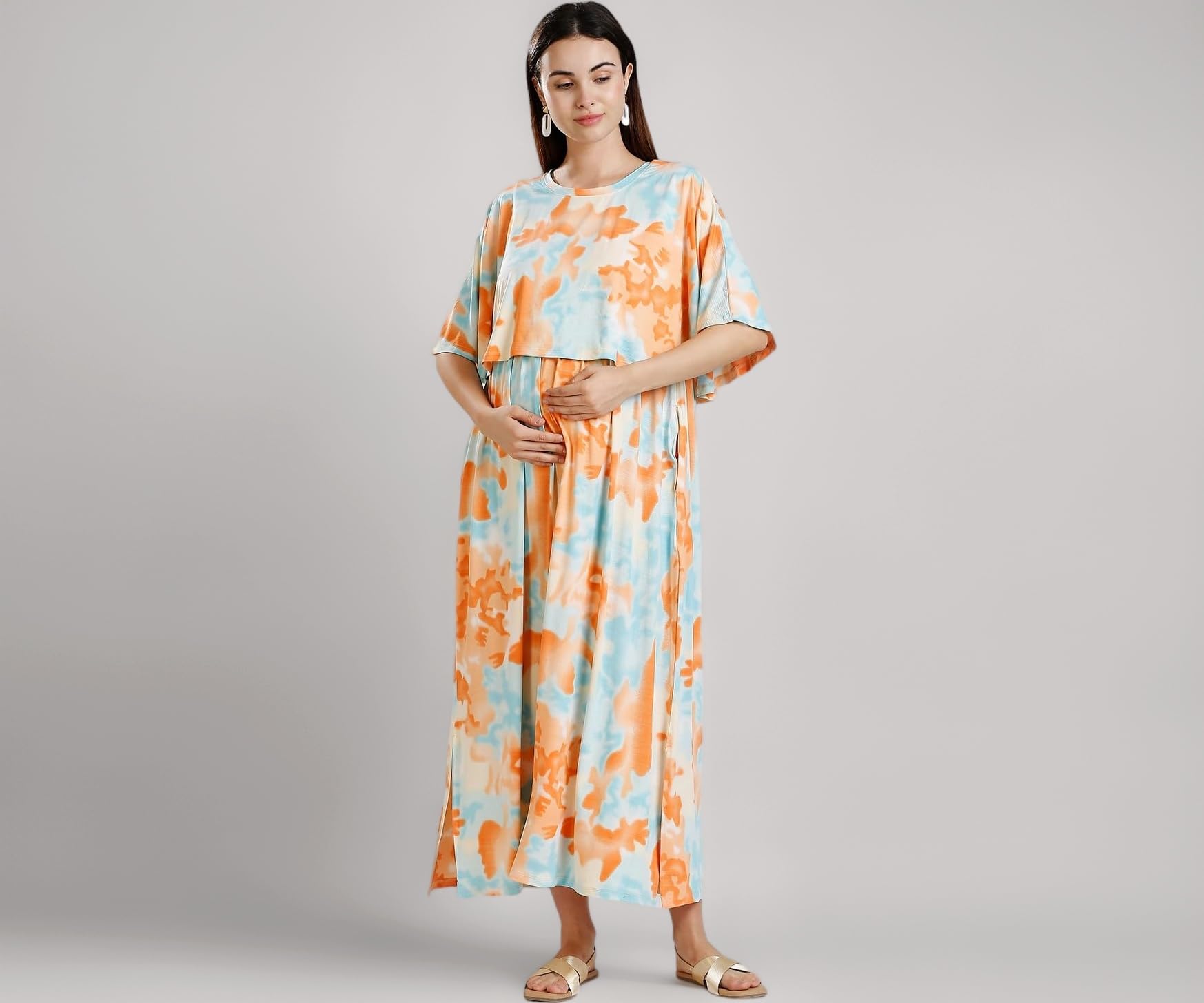 True Shape Maternity Gown for Women | Knitted Polyester Zipless Feeding Poncho Night Dress with Attached Cape, Easy Nursing & Convenient Pockets for Pre & Post Pregnancy