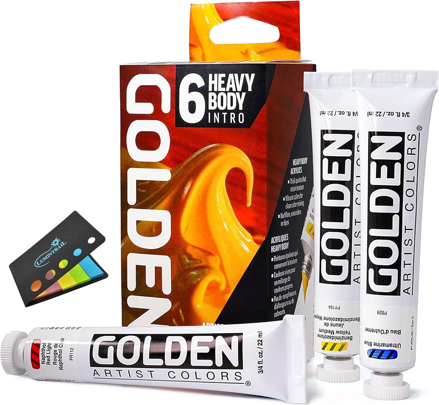 Golden Artist Color Heavy Body Acrylics, 6-Color Intro Set, Professional Acrylic Paint Set, Set of 6 Tubes, 3/4 Fl. Oz. Each, with Golden Artist Tube Cap Opener Tool and Sticky Notes