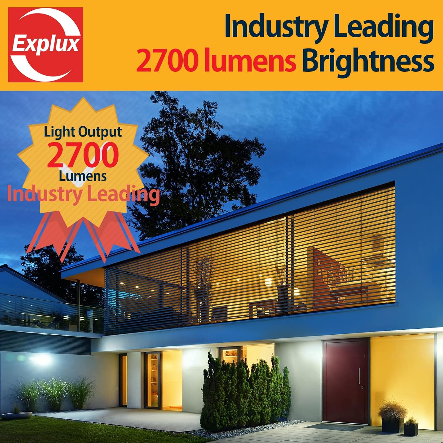 Explux 250W Equivalent Motion Sensor Flood Light Bulbs, Super Bright 2700 Lumens, Outdoor PAR38 Security LED Bulbs with Dusk to Dawn Control, Daylight 5000K, 2-Pack