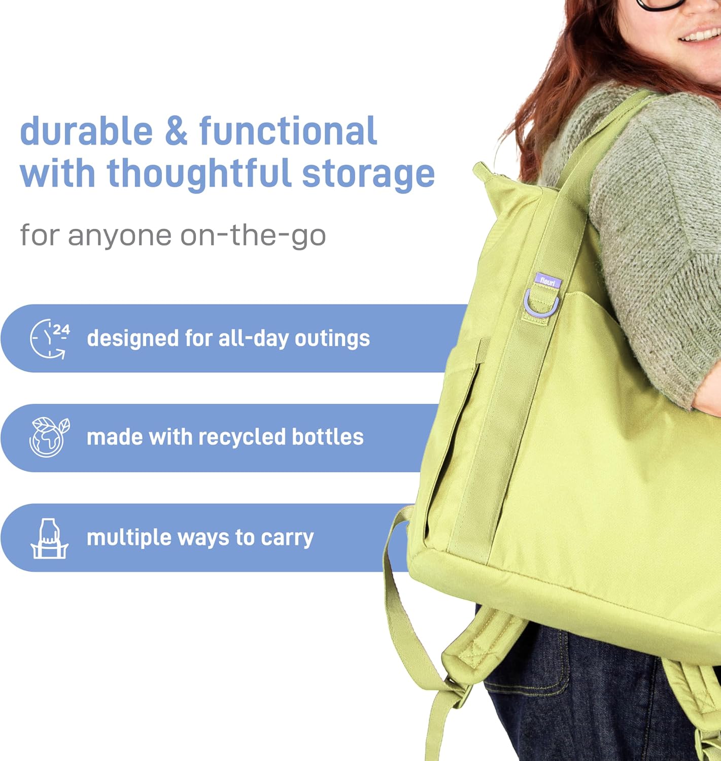 Ubbi Fleuri All-Day Diaper Bag Backpack, Features 12 Pockets, Insulated Bottle Pocket, Wet Bag, Changing Mat, Stroller Straps and Dust Pouch, Lightweight, Easy-Clean & Travel Ready, Honeydew