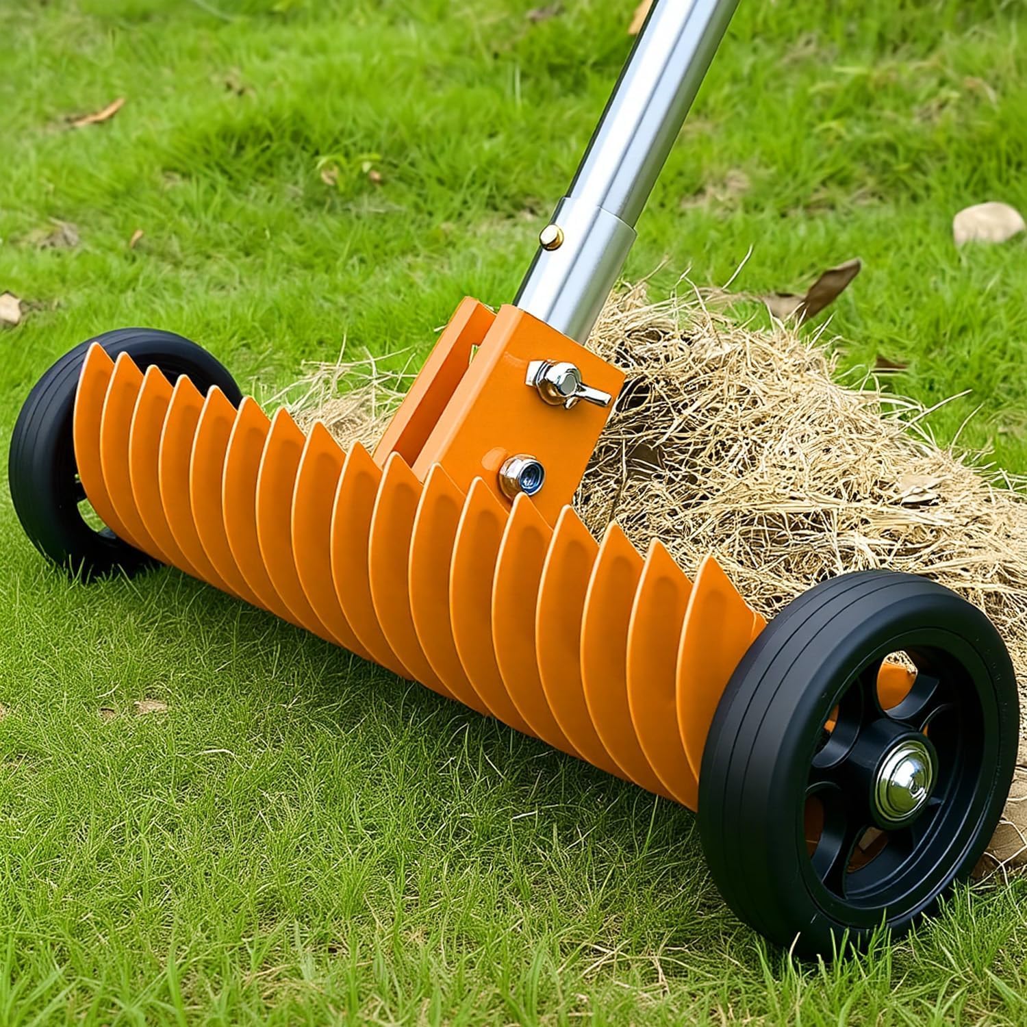 Thatch Rake for Lawn, 15-Inch Dethatcher Rake with Rolls Efficient Steel Metal Rake, Dethatching Rake Adjustable 0-15°, 38-68 Inch Handle, Heavy-Duty Thatching Rake for ing Dead Grass(Olive)