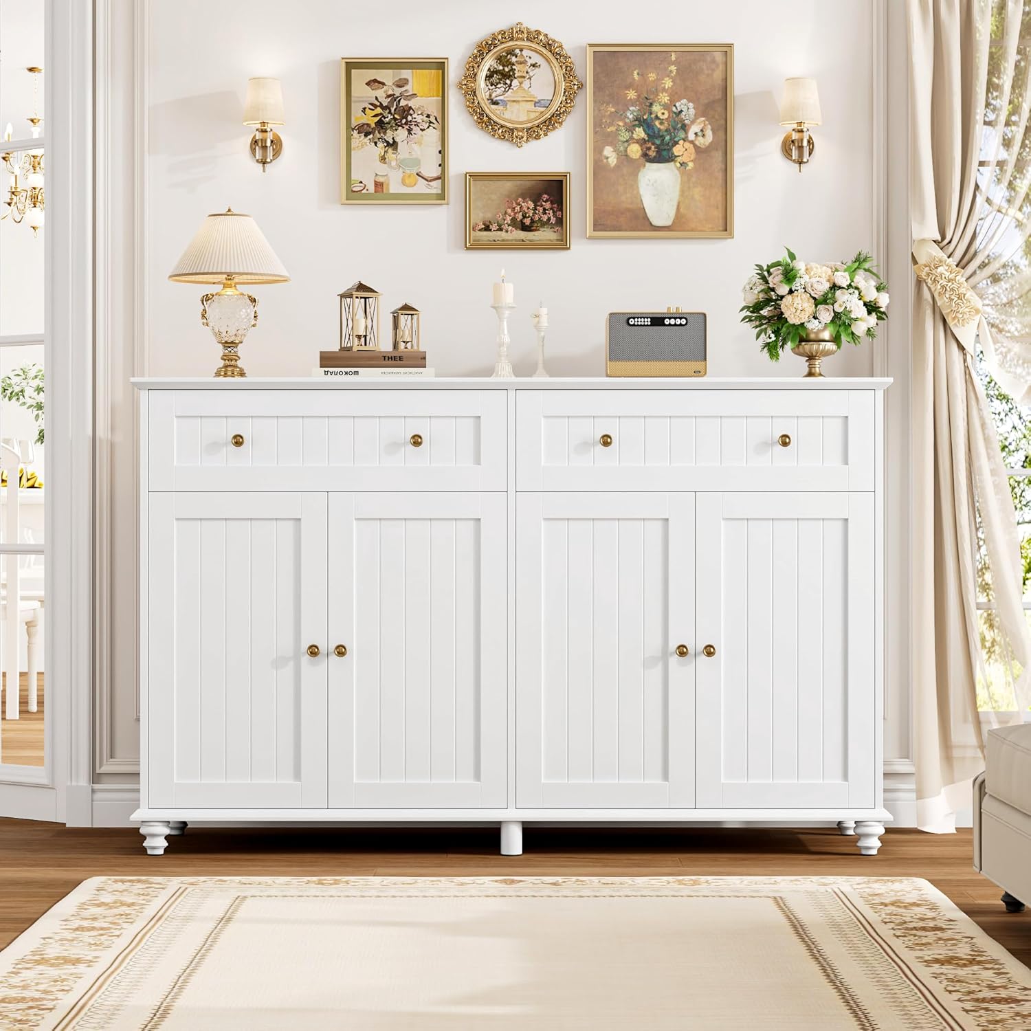 FINETONES Buffet Cabinet with Storage, 55.1” Large Sideboard Buffet, White Kitchen Display Cabinet with 2 Drawers and 4 Doors, Wood Coffee Bar for Kitchen Dining Room