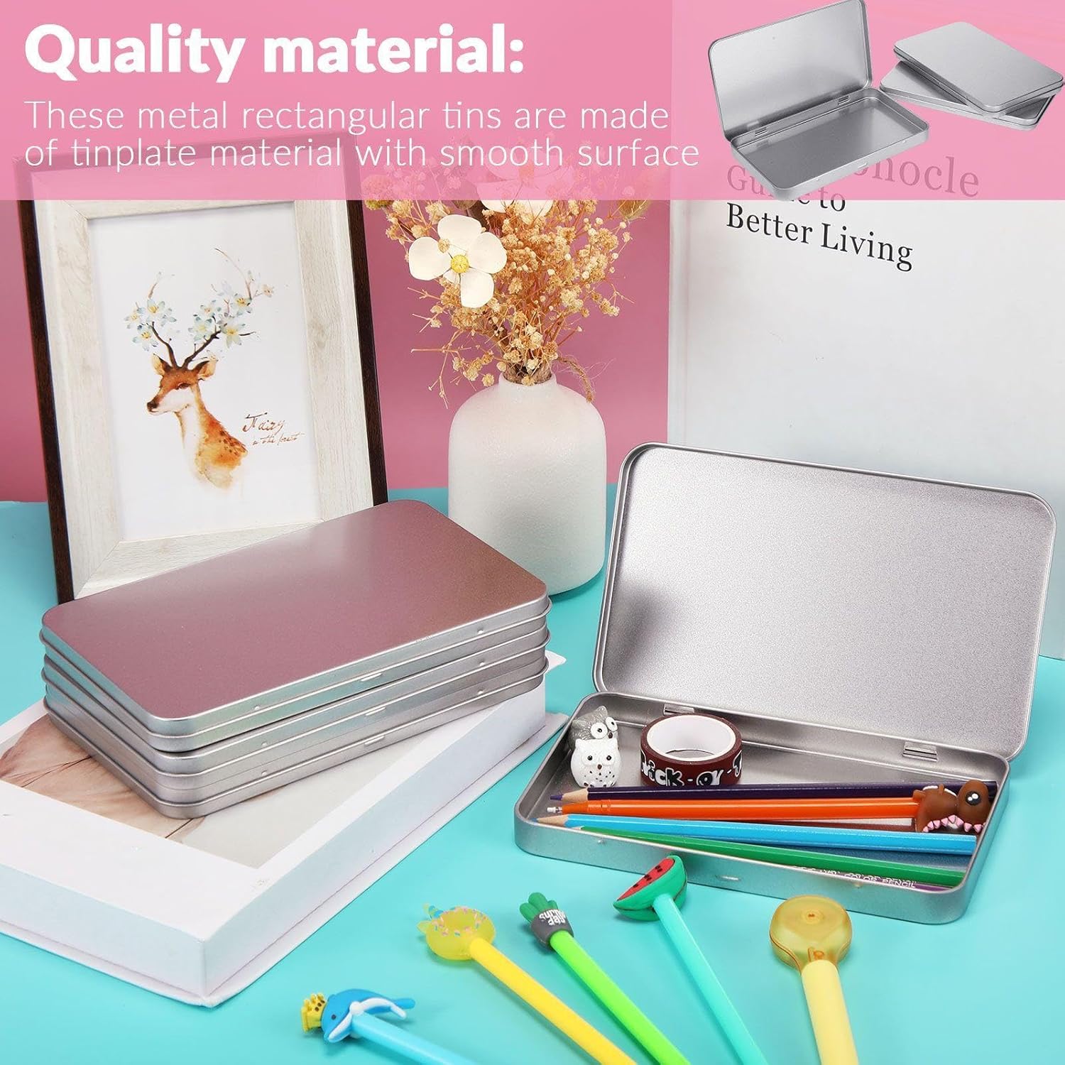 Geiserailie 40 Pack Rectangular Metal Tin Box with Lid Metal Hinged Lid Tin Empty Box Container Storage for Watercolor Jewelry Pen Eraser Pill Candy Craft Organize 7.0 x 4.2 x 0.6'' (Sliver)