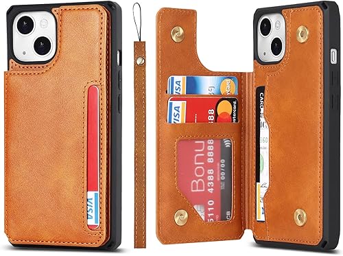 Cavor Funda para iPhone 11 con tarjetero, funda tipo cartera para mujer, funda protectora de piel a prueba de golpes para hombres, color marrón claro