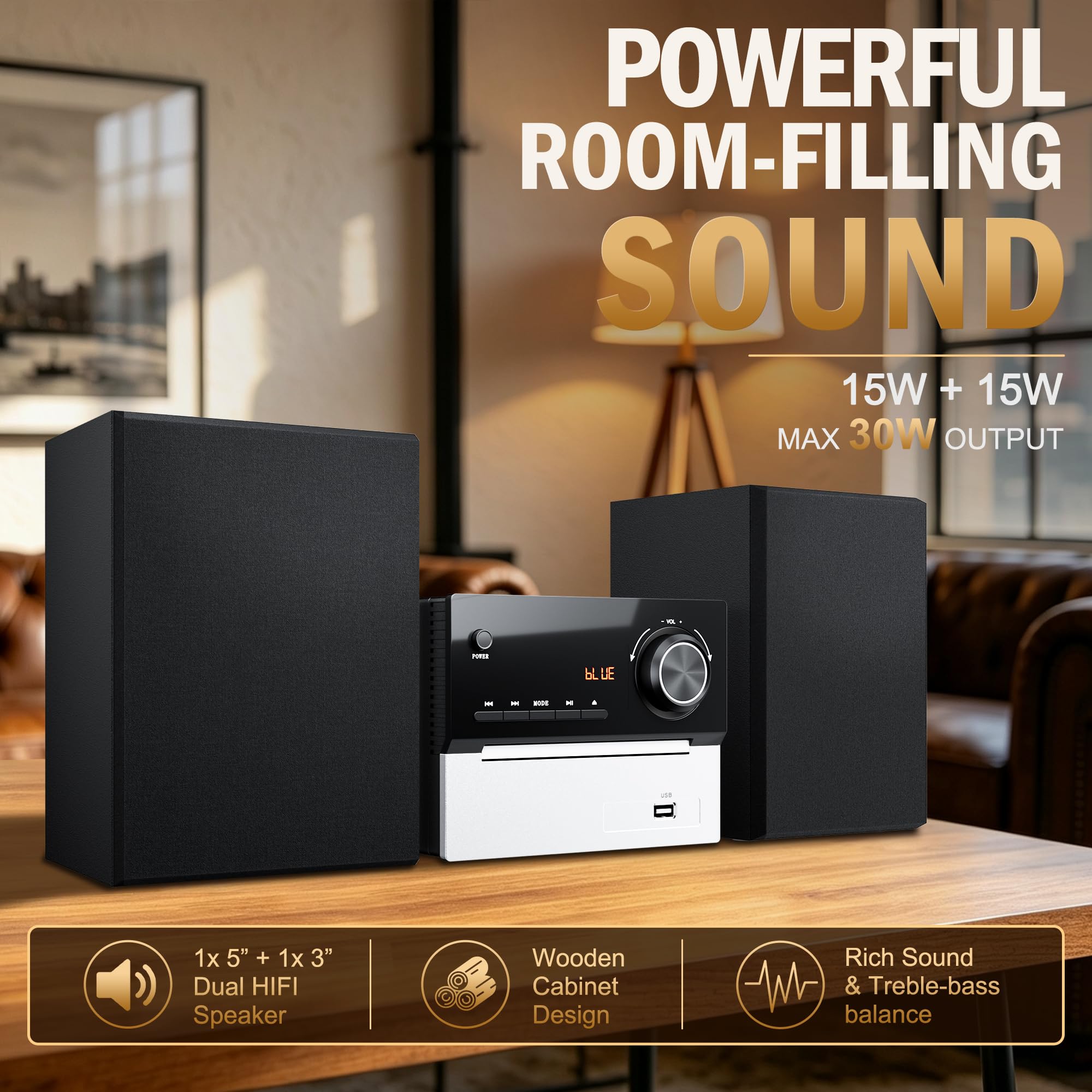 Mini Chaine HiFi Bluetooth pour Maison, Lecteur CD avec Enceintes 30W RMS