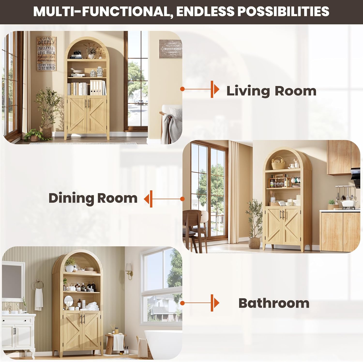 IDEALHOUSE Arched Kitchen Pantry Cabinet with Doors - 5-Tier Open Display Shelf with Nice Texture, Farmhouse Storage Cabinet for Kitchen, Dining Room, Living Room, Natural