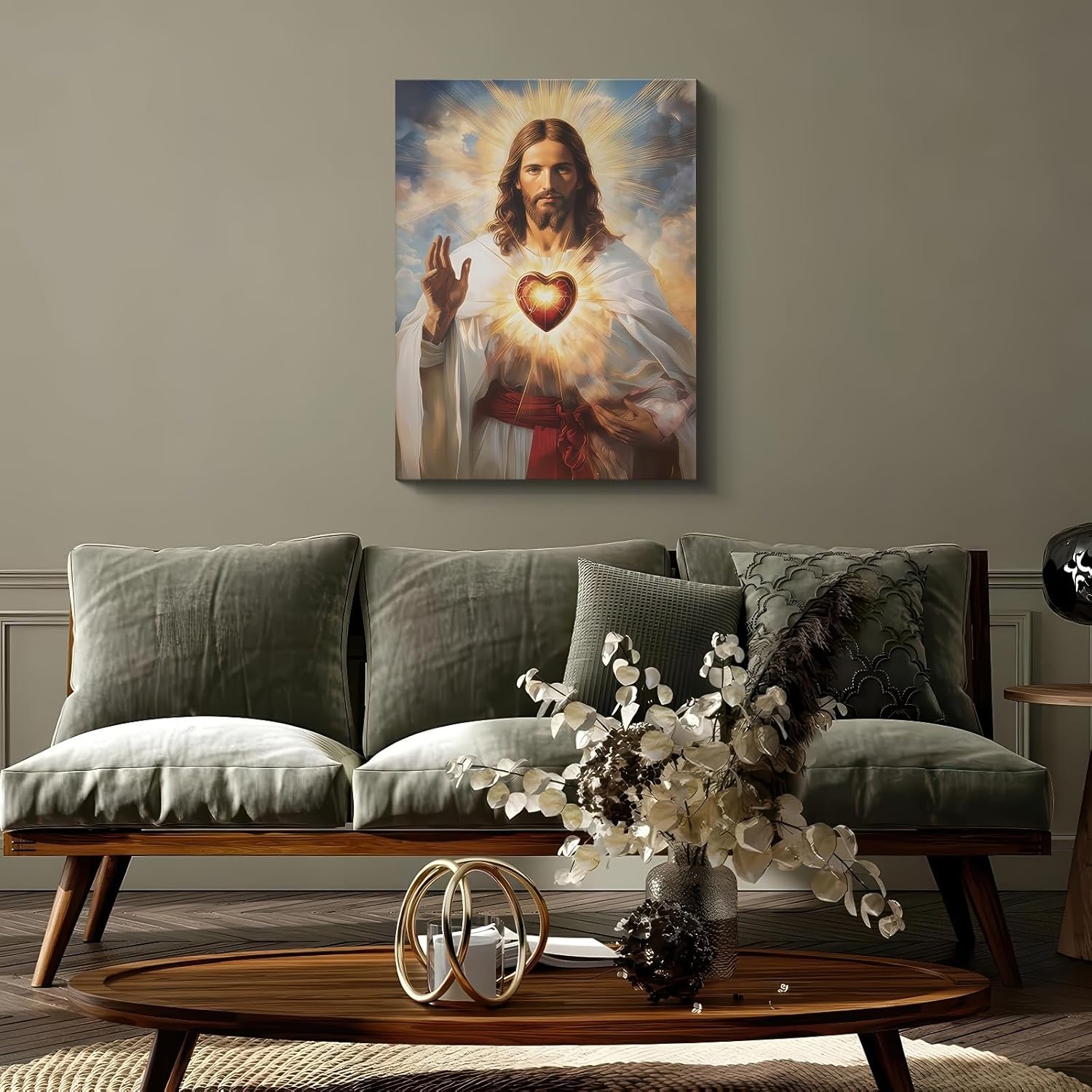Framed Jesus Sacred Heart Canvas Wall Art Christian Poster Decorative Painting Spiritual Faith Pictures Prints Living Room Bedroom Church Prayer Room Sunday 16x24 Inch Ready To Hang