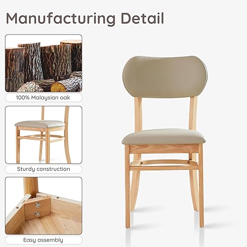 Miniatura 5 de Livinia Tony - Juego de 2 sillas de comedor, asiento tapizado de piel sintética de roble malasio sólido, sillas laterales redondeadas (natural)