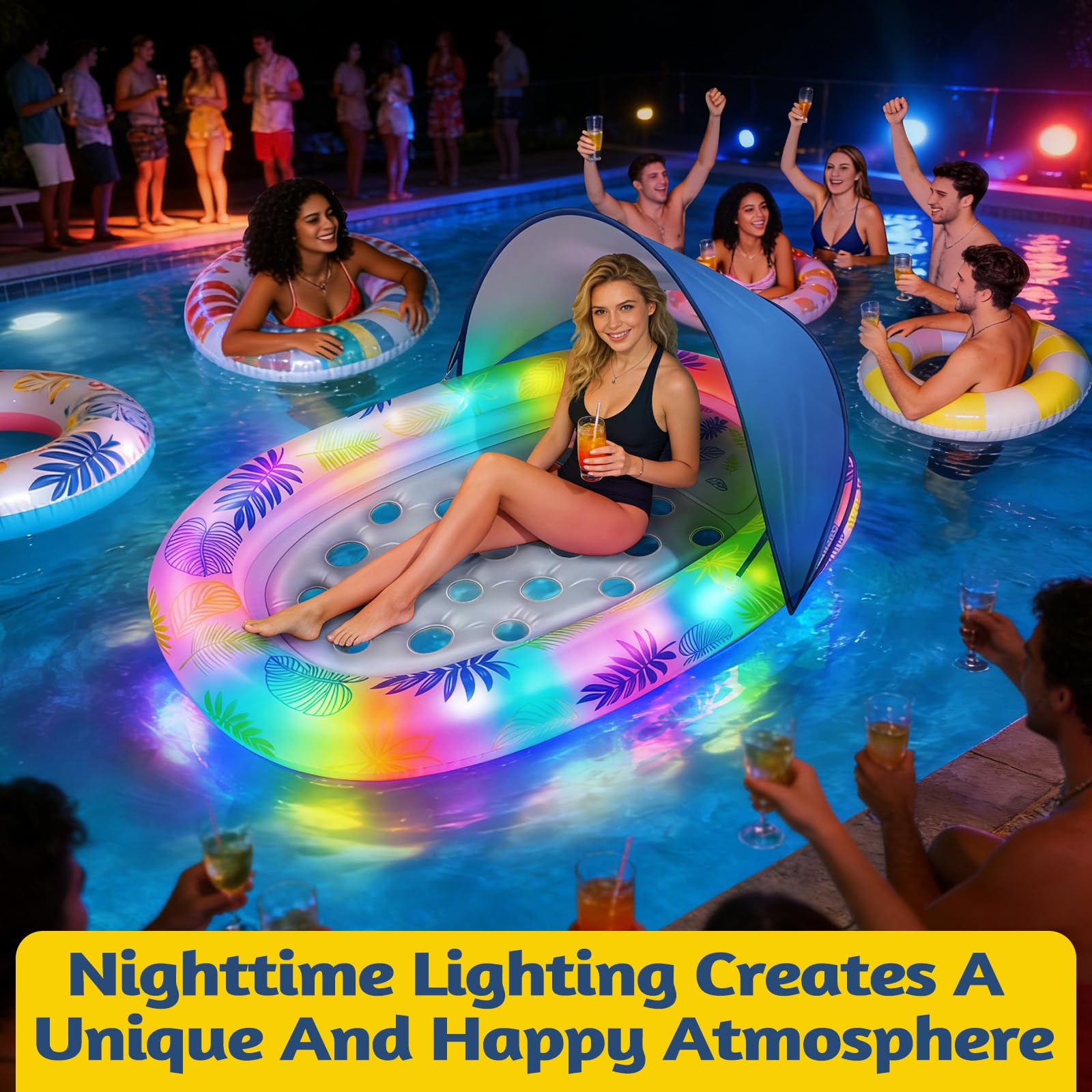JONRRYIN Flotador Inflable Piscina, Flotador Inflable de Bronceado para Adultos con Toldo Desmontable e Iluminación, Colchoneta Hinchable Piscina para Playa Fiestas Verano