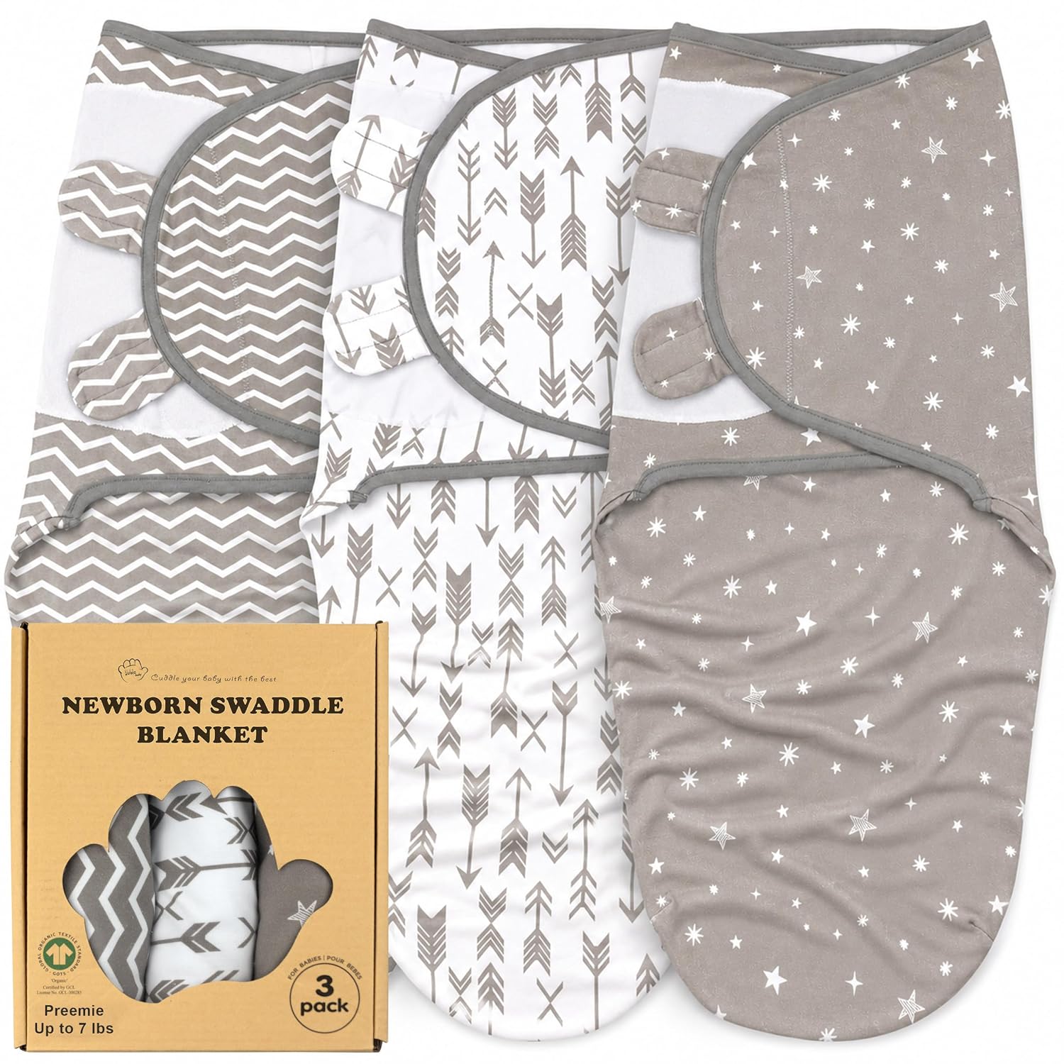 Preemie Swaddle Blanket 3-Pack, GOTS Certified Organic Cotton, Adjustable Hook-and-Loop Swaddle Sack for NICU & Newborn Babies, Soft Breathable Wrap, Reduces Startle Reflex, Up to 7 lbs