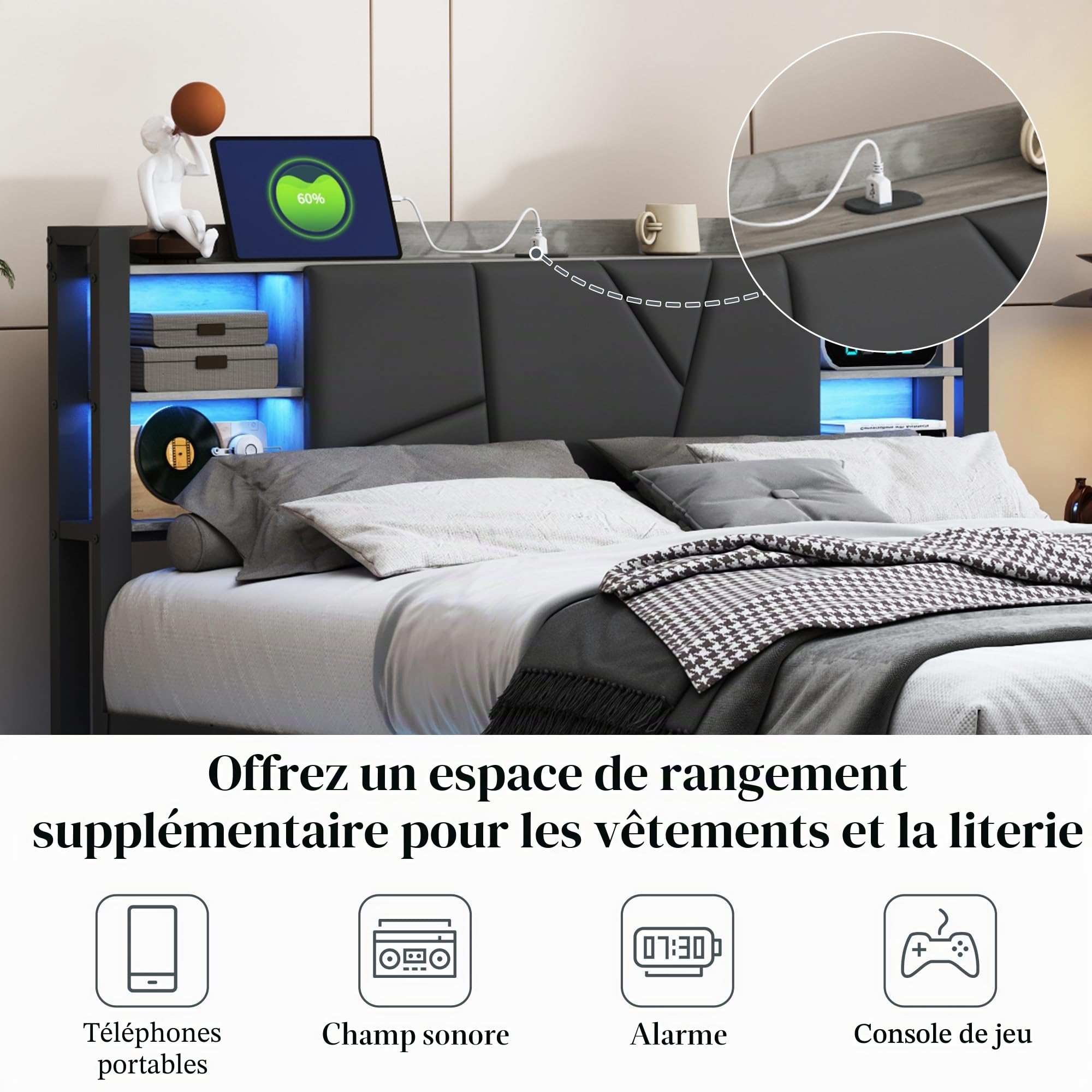 KeepGoon Lit en Bois de Fer 160 x 200 cm, Table de Chevet avec Barre Lumineuse et Port USB, Double tiroirs au Bout du lit, Lit Double Dossier rembourré, tête de lit avec Compartiment de Rangement, PU