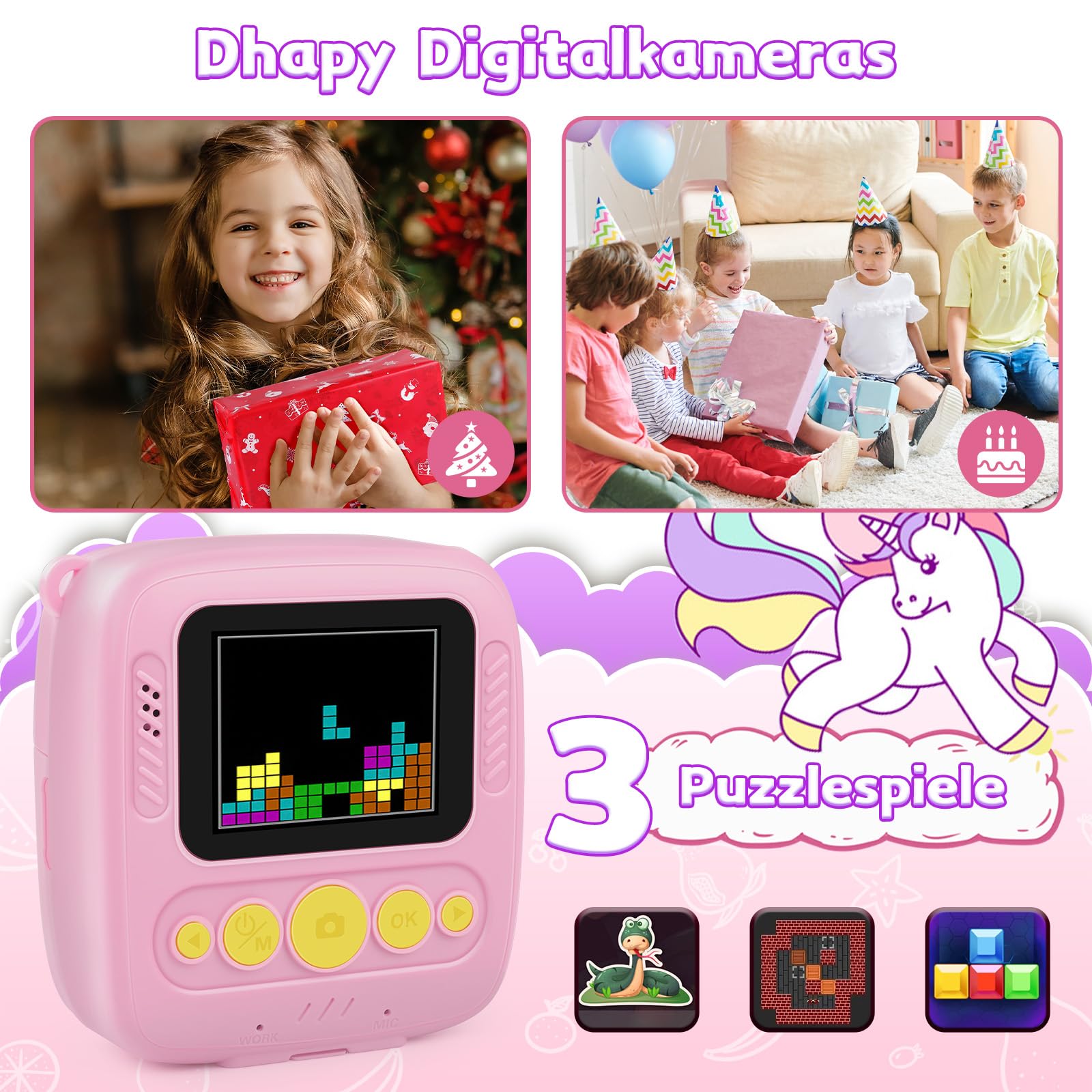 Dhapy sofortbildkamera Kinder, 48MP Kinderkamera Sofortbildkamera mit Druckpapier & 32 G TF Karte, 1080P Digitalkamera Kinder, Geschenke für Jungen und Mädchen 3 4 5 6 7 8 9Jahre Rosa