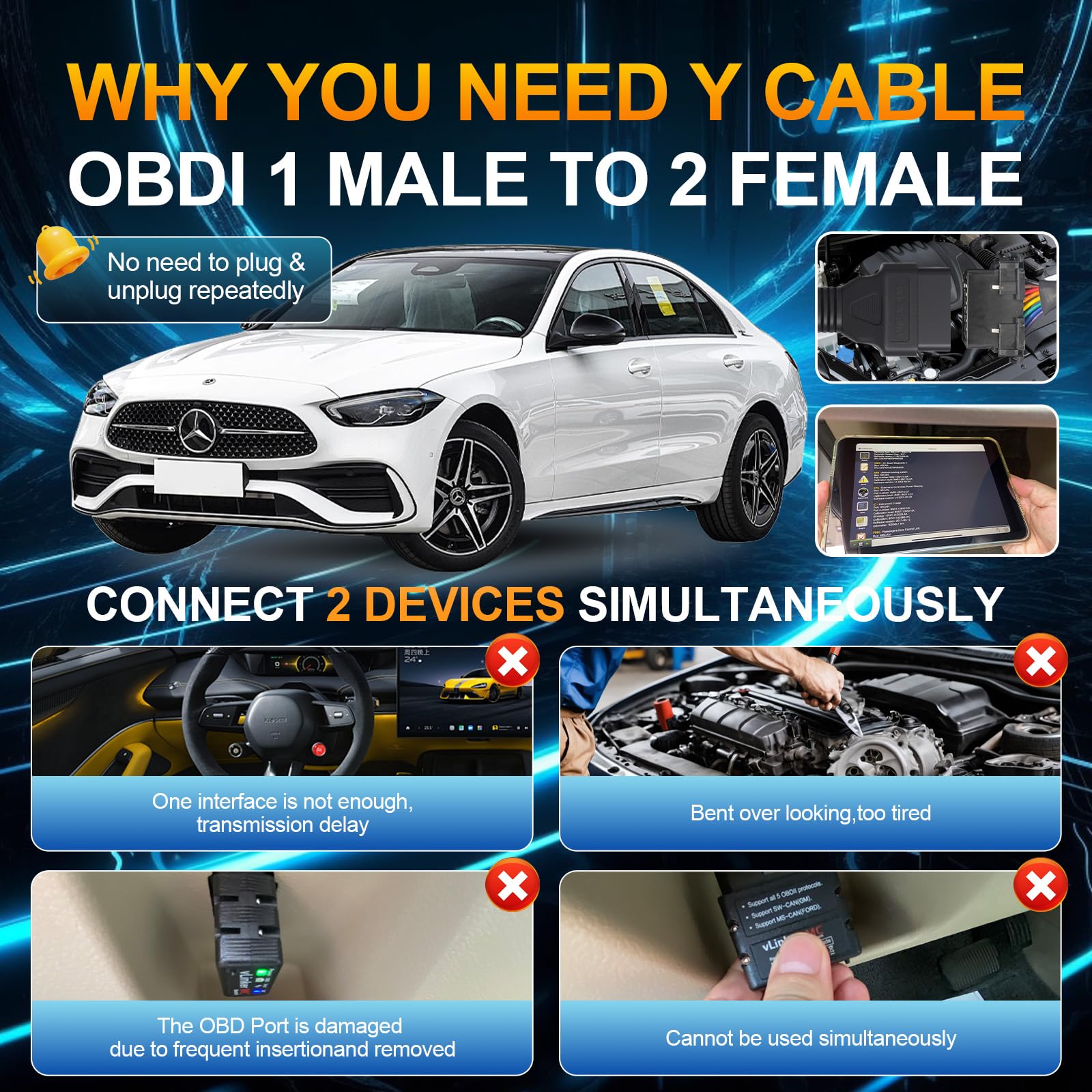 Cavo splitter a Y di estensione OBDII, adattatore diagnostico da maschio a 16 pin femmina doppia, schermatura intrecciata