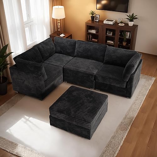 HOOOWOOO Modular Sectional Sofa,5 Pieces Sectional Couches for Living Room,98X66 L Shaped Cloud Couch with Ottoman Chaise Set(Black Velvet Corduroy)