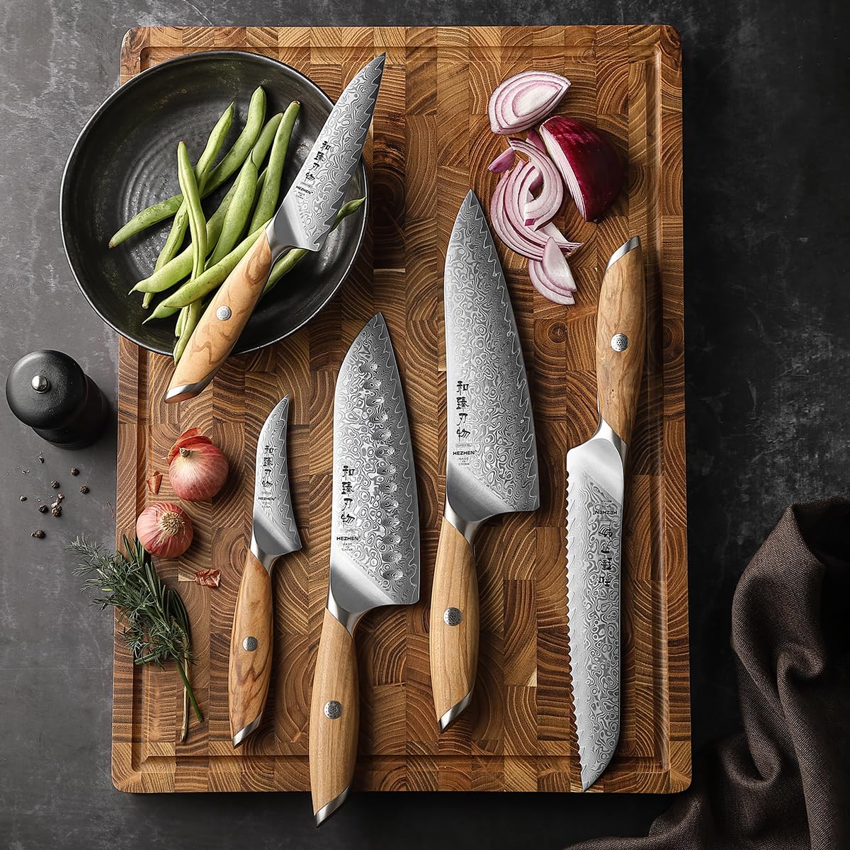 HEZHEN Zestaw noży kuchennych ze stali damasceńskiej 5 sztuk, profesjonalny zestaw noży szefa kuchni ze stali damasceńskiej, nóż Santoku, ergonomiczna rękojeść z drewna oliwnego