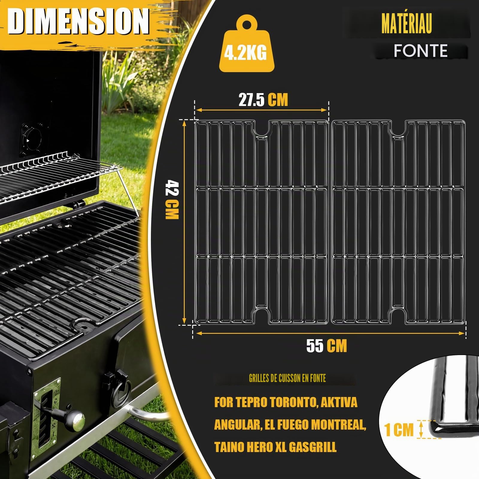 GFTIME Lot de 2 grilles de barbecue en fonte émaillée pour barbecue au gaz et au charbon de bois, 42 x 55 cm, en fonte de rechange pour Tepro Toronto, Taino Hero XL, Aktiva Angular, EL Fuego Montréal