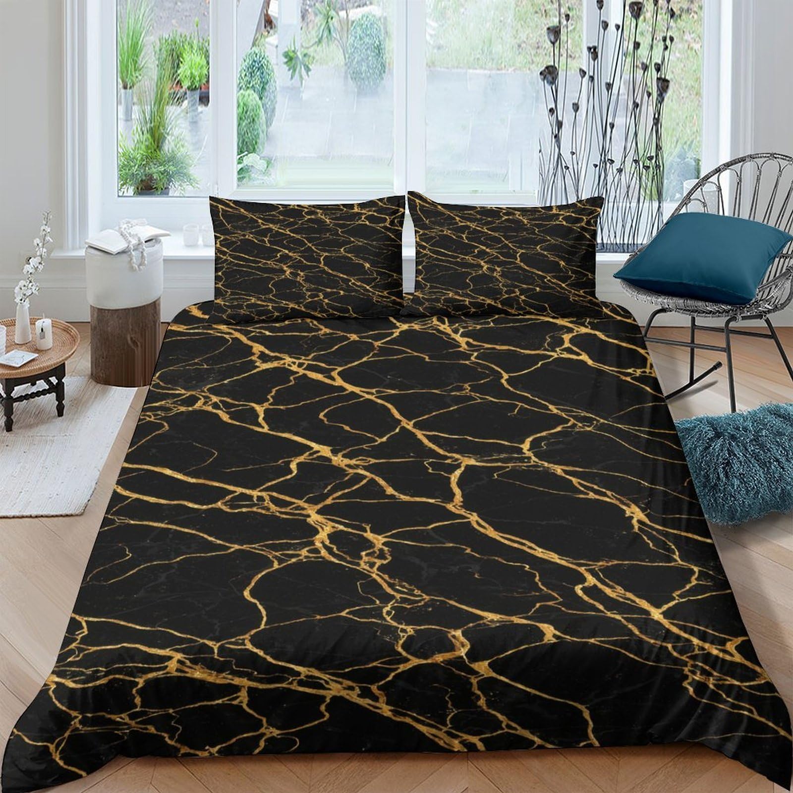 Ctjqhvkz Style-5 3D Printed Black Marble Fitted Sheet Microfiber Soft Modern Gold Vein Mattress Cover For Bedroom Guest Room Home Decor Single（135X200cm）
