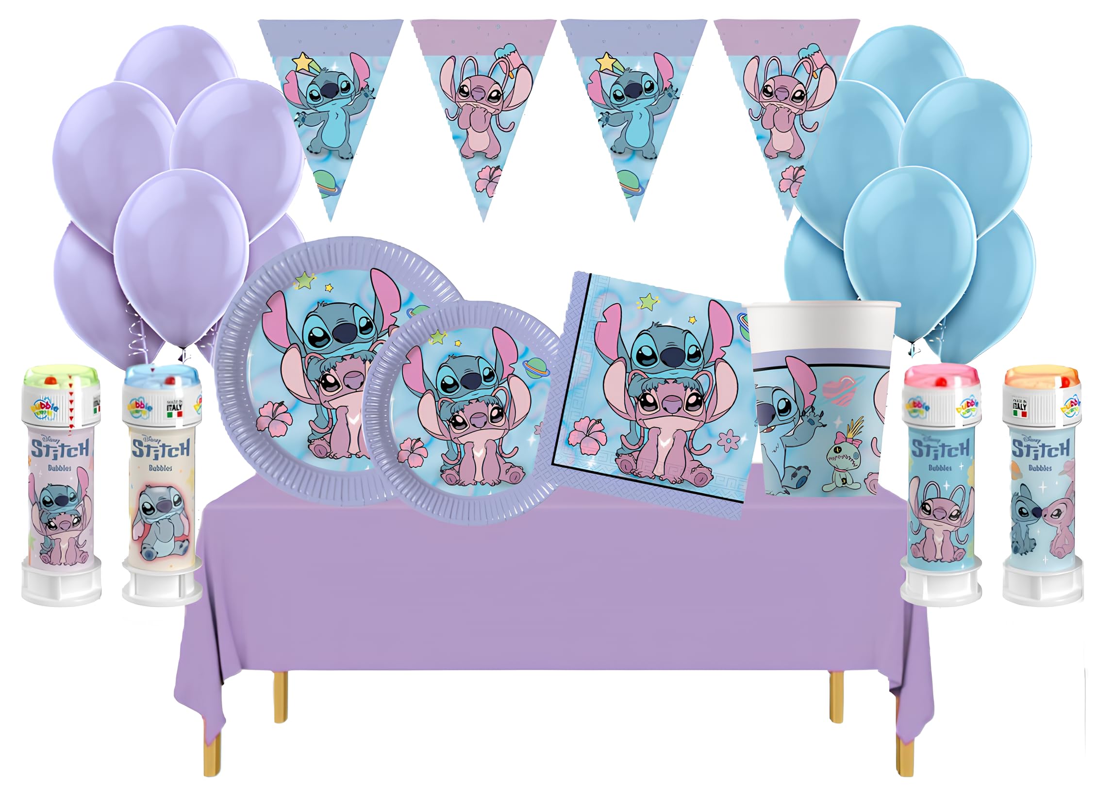 Kit Compleanno Stitch Angel 24 Persone (118 Pezzi: 24 Piatti, 24 Bicchieri, 40 Tovaglioli, 24 Palloncini Pastel, 1 Tovaglia, 1 Festone Bandierine, 4 Bolle di Sapone) Addobbi Tema Stitch per Bambini