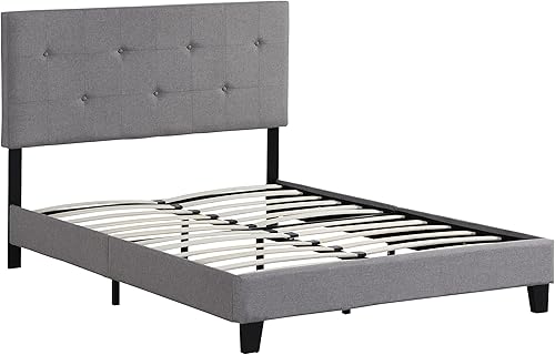 Miniatura 4 de Base de cama tapizada de tamaño Queen con cabecera copetuda de tela, soporte de listones de madera fuerte, base de colchón, no necesita somier, para