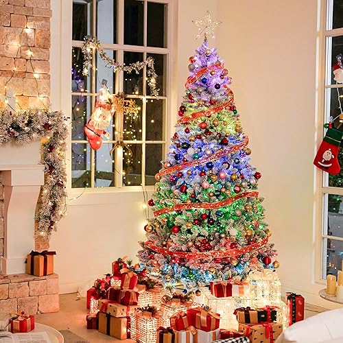 Miniatura 7 de Hykolity Árbol de Navidad preiluminado de 6.5 pies, pino artificial de Navidad con 250 luces LED multicolor, 1032 puntas, soporte de metal y ramas