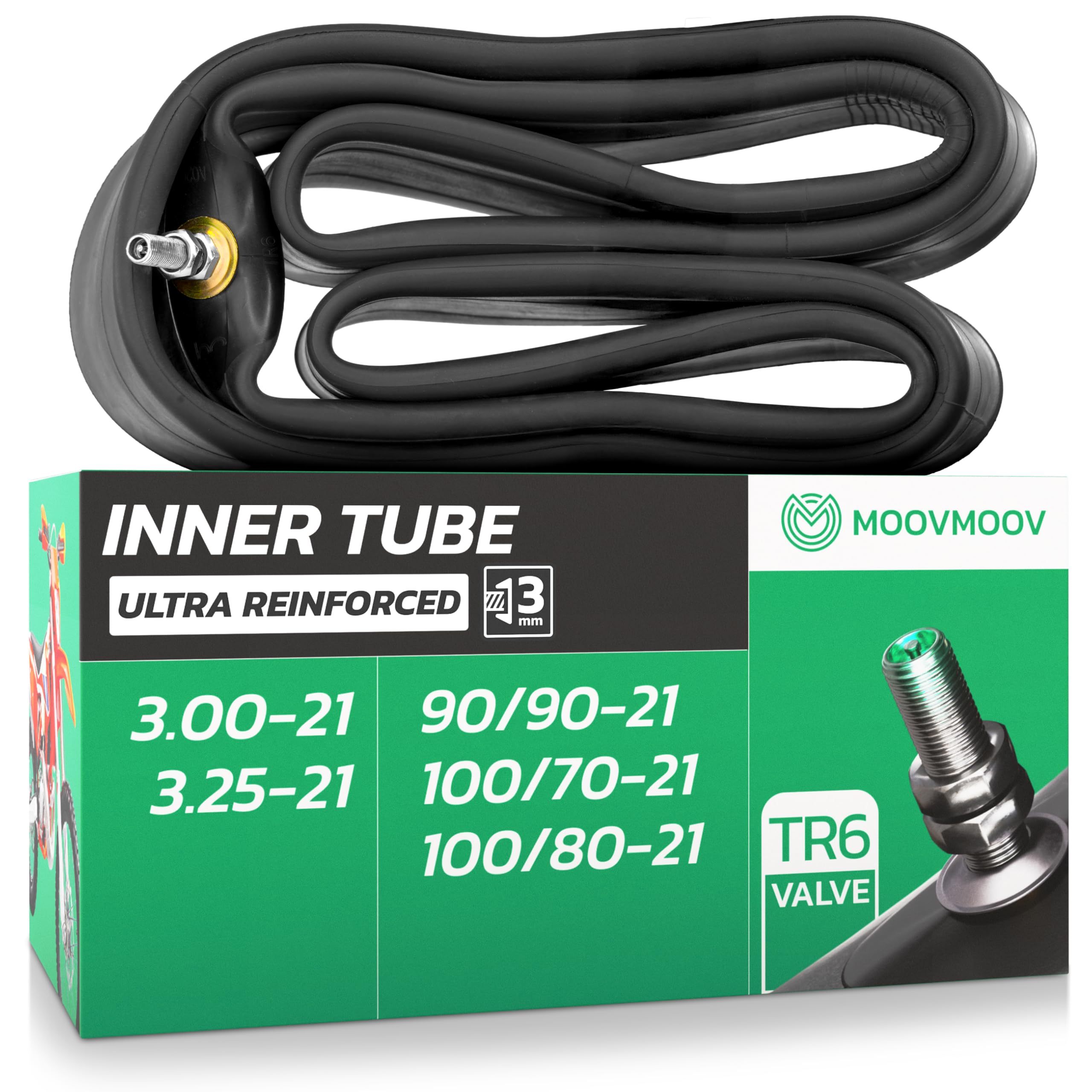 MoovMoov 21 Inch Reinforced Motorcycle Inner Tube for 90/90-21, 100/70-21, 100/80-21 and 3.00-21 Tyres - Front Wheel - Trail, Adventure, Enduro, Motocross, Dual Sport - Pro Version