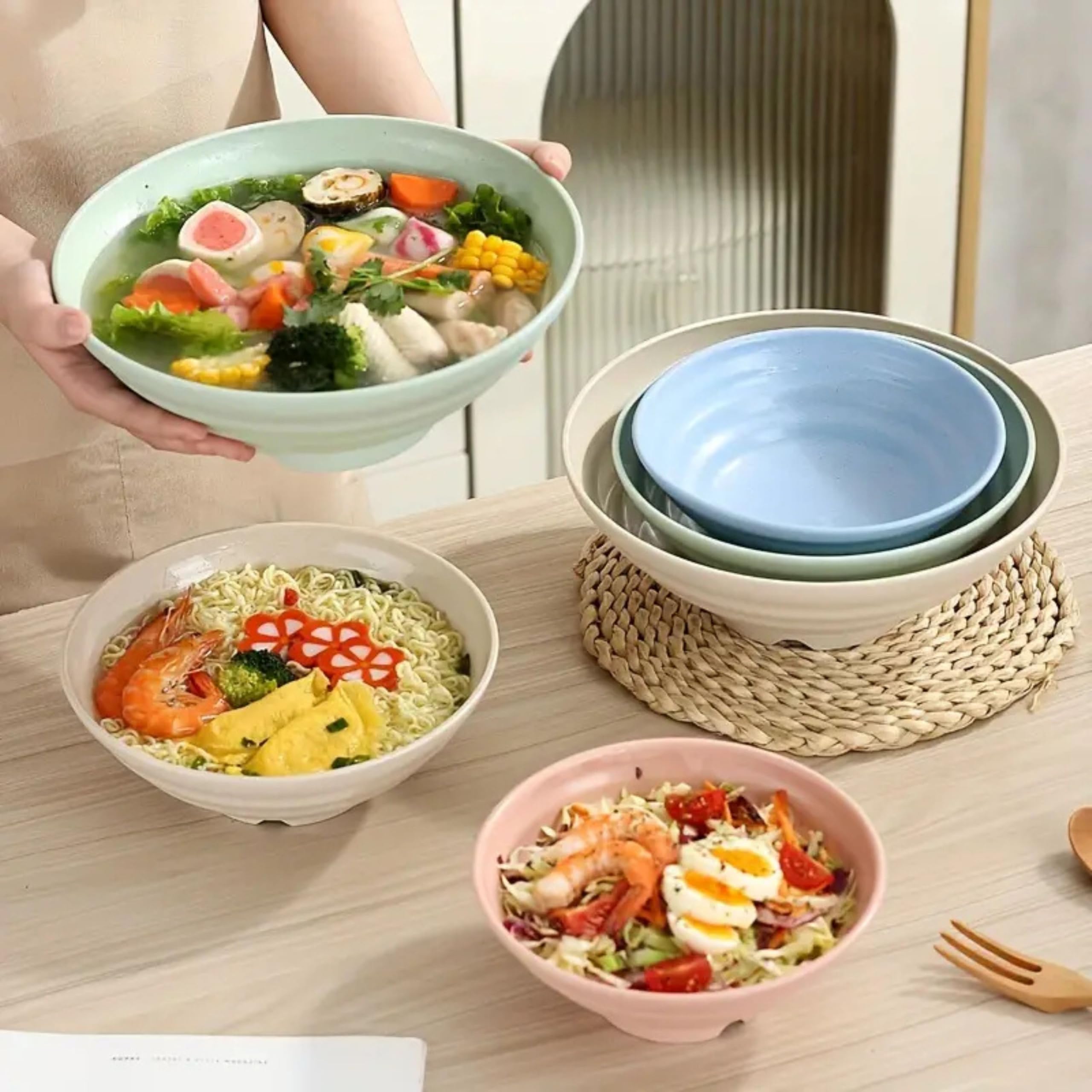 Colorful Wheat Straw Ramen Bowl Set – 7.5” Large Japanese-Style Bowls Set for Soup, Noodle, Salad, Pasta, Rice, Microwave & Dishwasher Safe, Beige, Pack of 2 — Amazon image 2