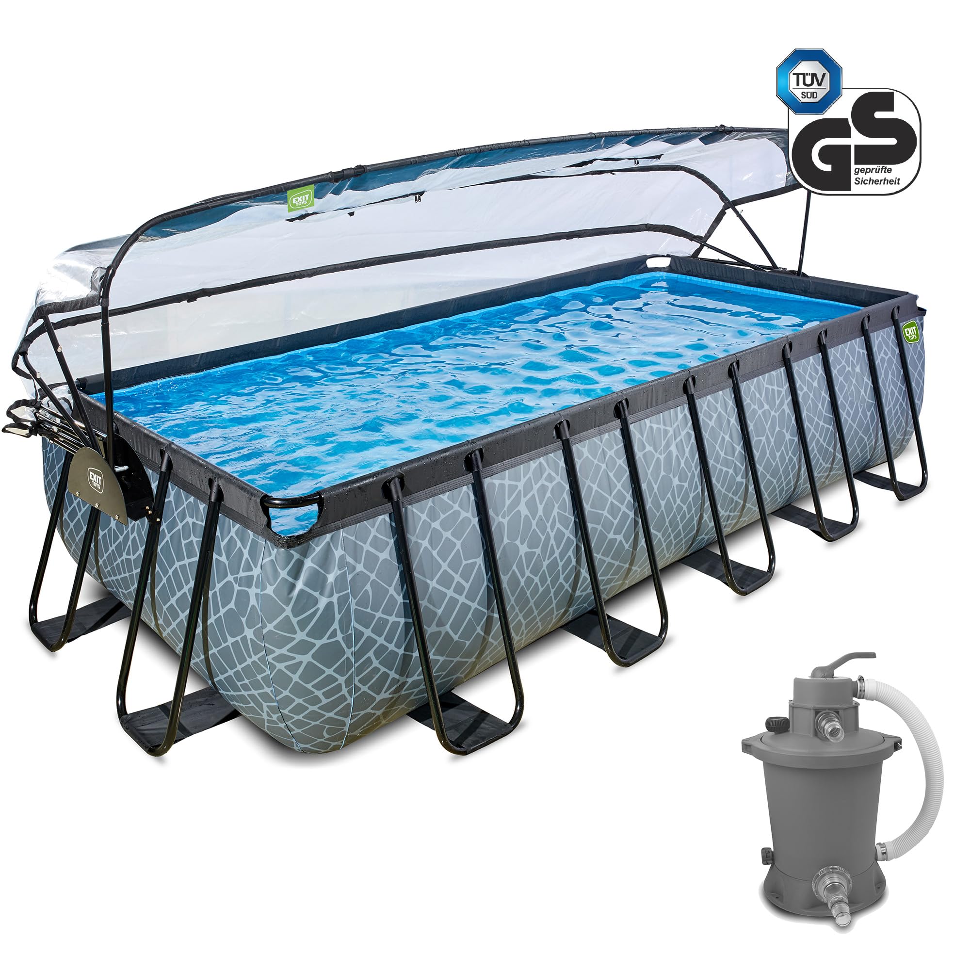EXIT Toys Stone Pool mit Multifunktionale Abdeckung - 540x250x122cm - Großer, Rechteckiger Rahmenpool mit Sandfilterpumpe und Poolleiter - Extra Tief - Für Sauberes und Warmes Poolwasser - Grau